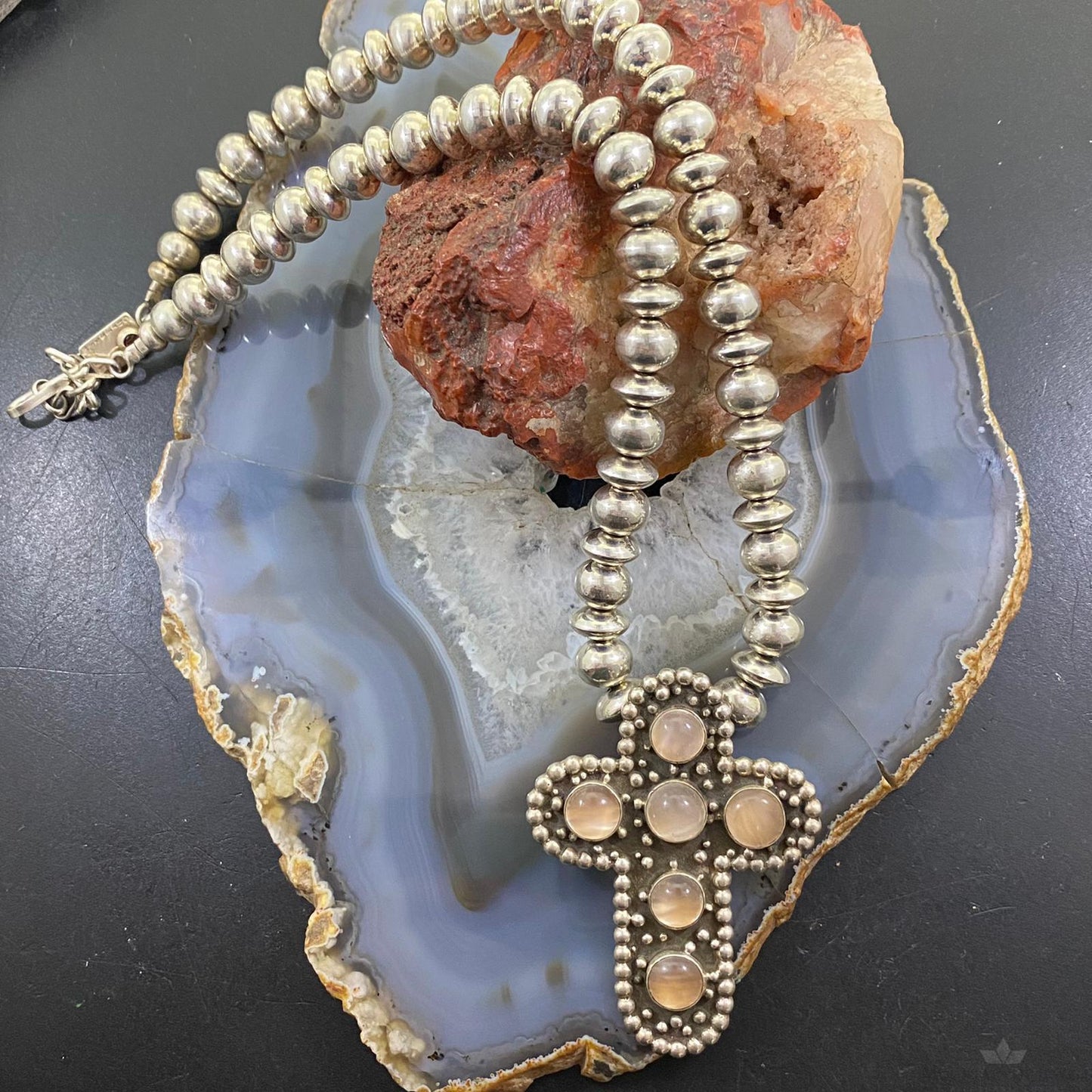 Christin Wolf Sterling Silver Moon Stone Cross With Navajo Beads Necklace 20"