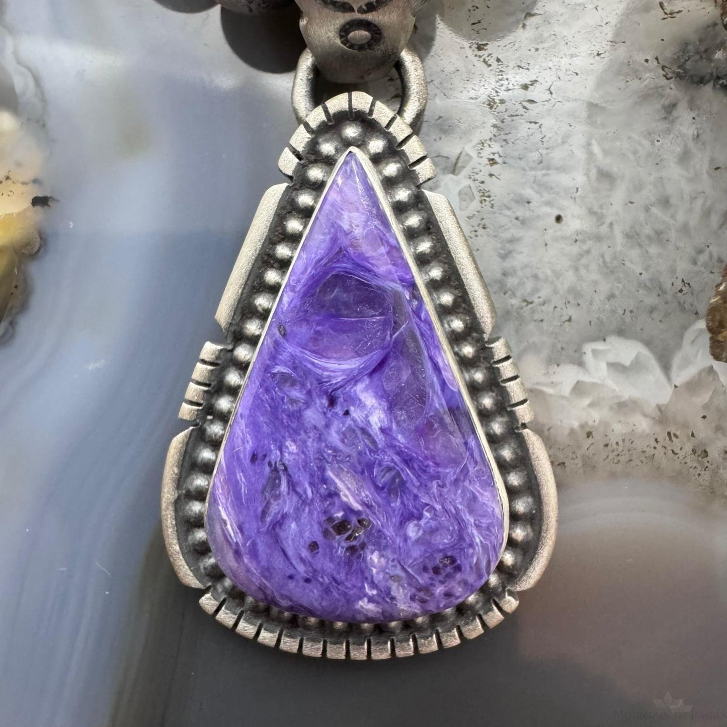 Native American Sterling Silver Triangle Charoite Decorated Pendant For Women