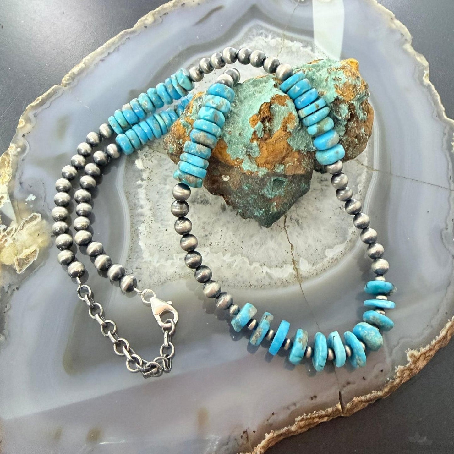 Sterling Silver Southwestern Style Blue Turquoise Beads & Starling Beads 19" Necklace For Women