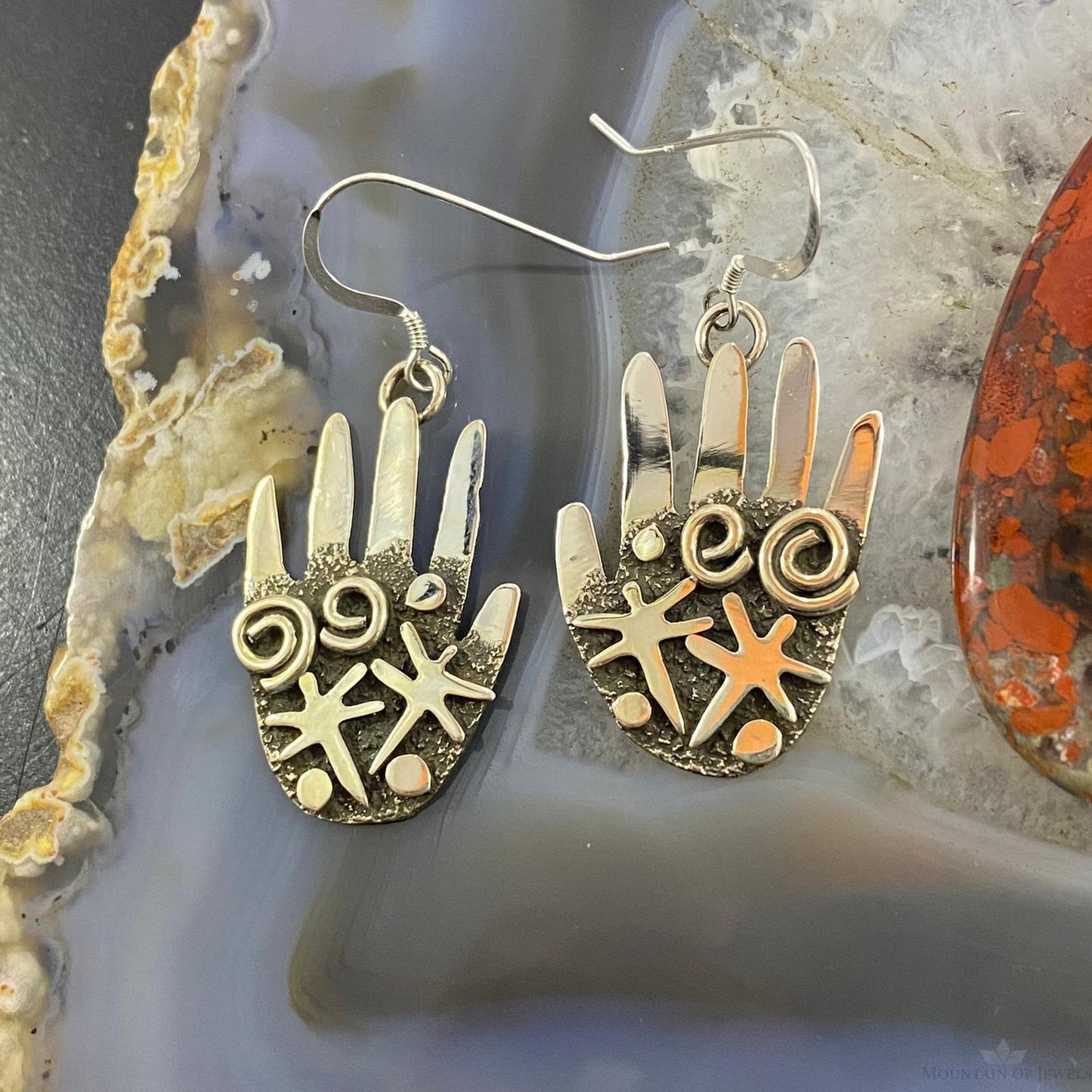 Alex Sanchez Native American Sterling Silver Ancestors Hand Petroglyph Dangle Earrings For Women #1