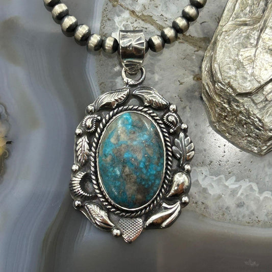 Sterling Silver Southwestern Style Oval Turquoise Decorated Pendant For Women