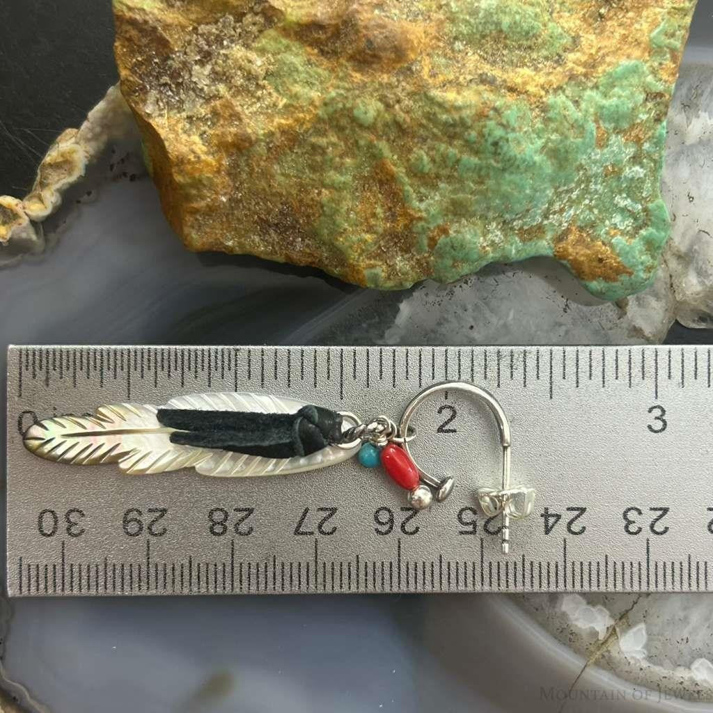 Carolyn Pollack Southwestern Style Sterling Silver MOP Etched Feather Dangle Earrings