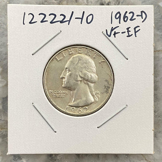 1962-D US Washington Quarter Dollar Coin .900 Silver VF-EF #122221-10