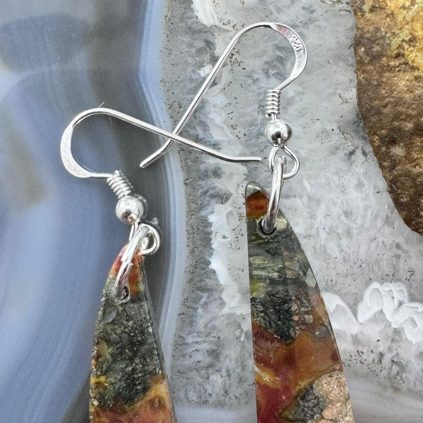 Sterling Silver Elongated Teardrop Red Marcasite Slab Dangle Earrings For Women #219