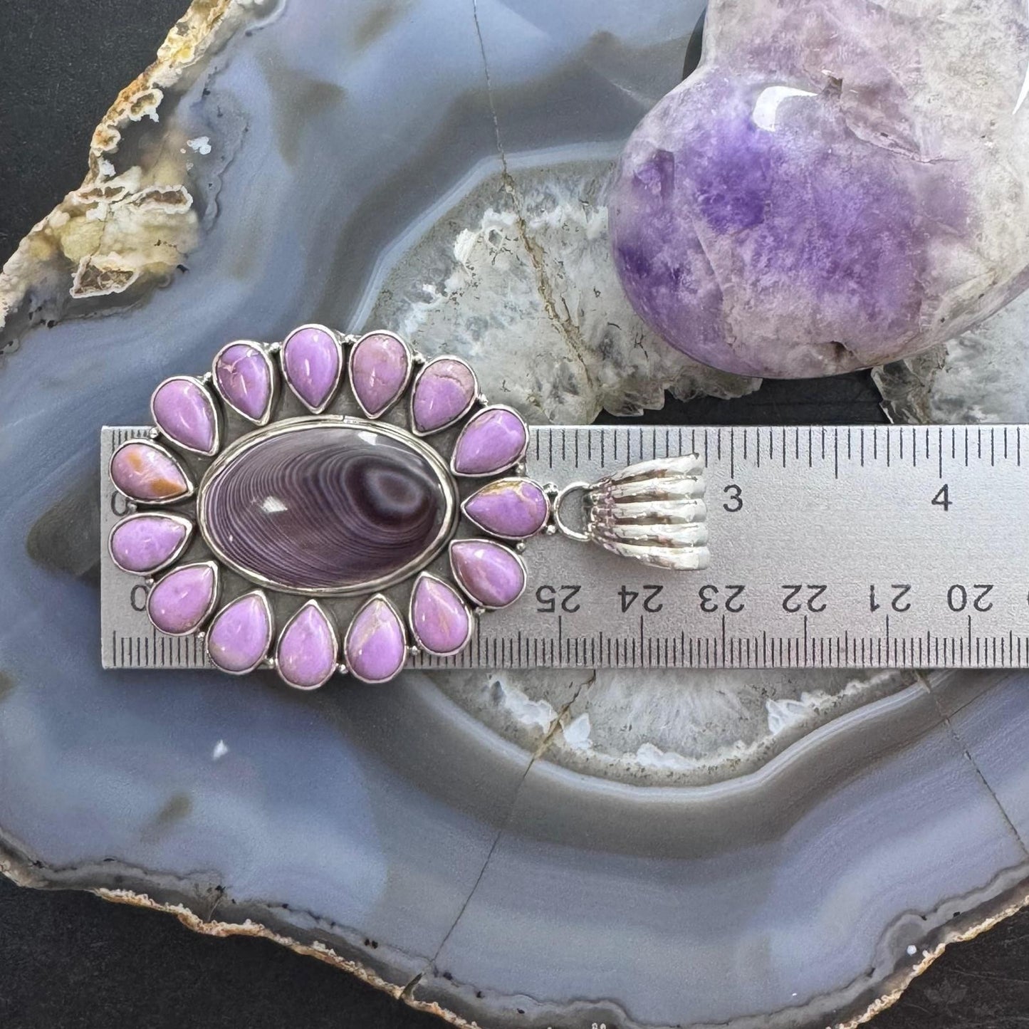 Native American Sterling Silver Wampum & Phosphosiderite Cluster Pendant For Women