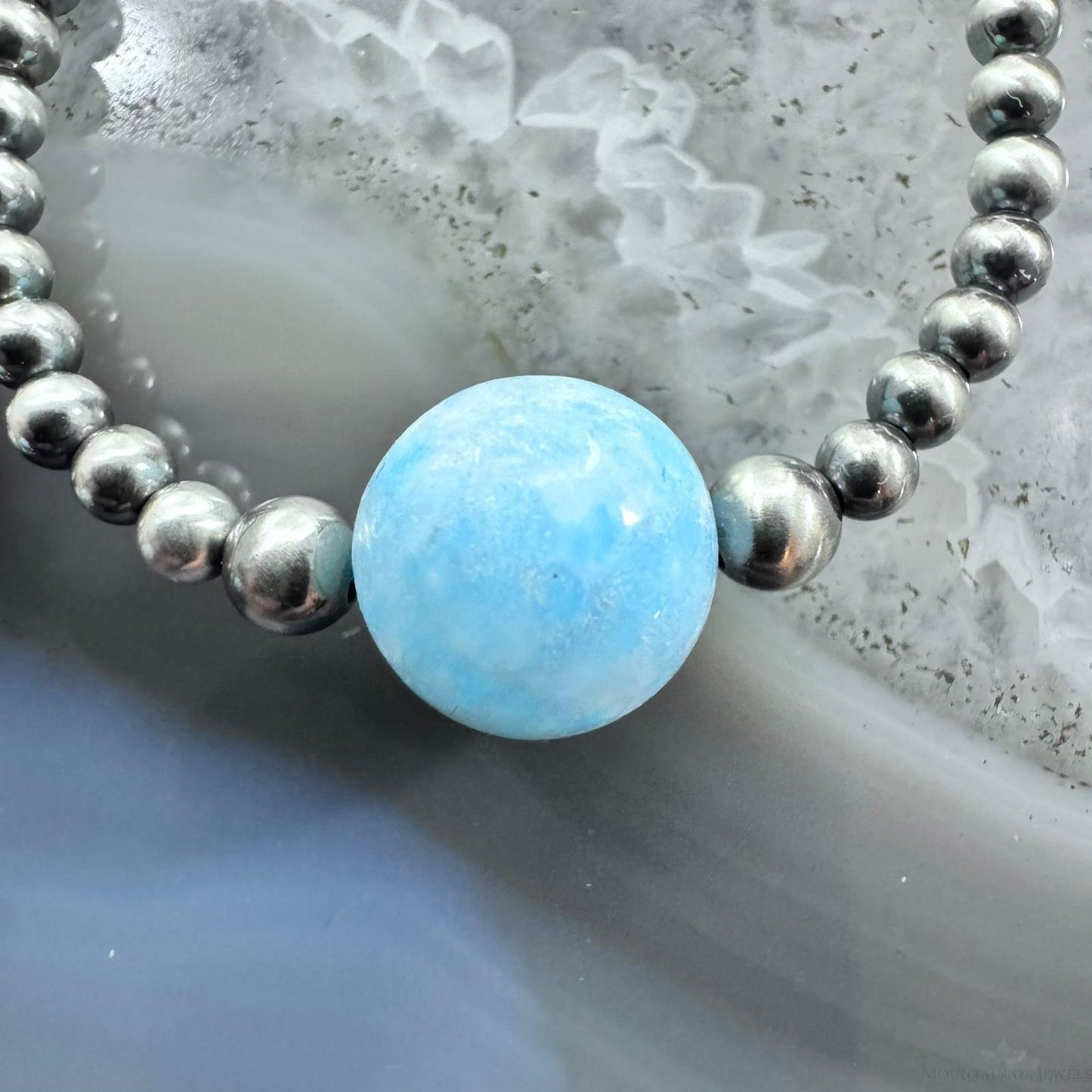 Native American Sterling Silver Navajo Beads with Larimar Bead Hoop Earrings For Women