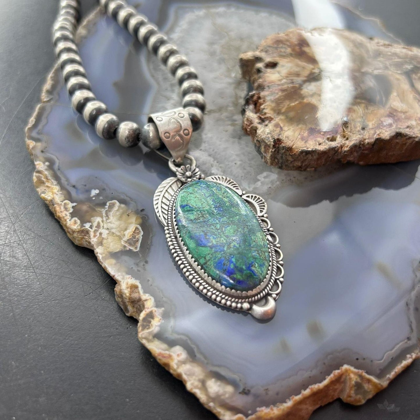 Sterling Silver Southwestern Style Elongated Chrysocolla Decorated Pendant For Women