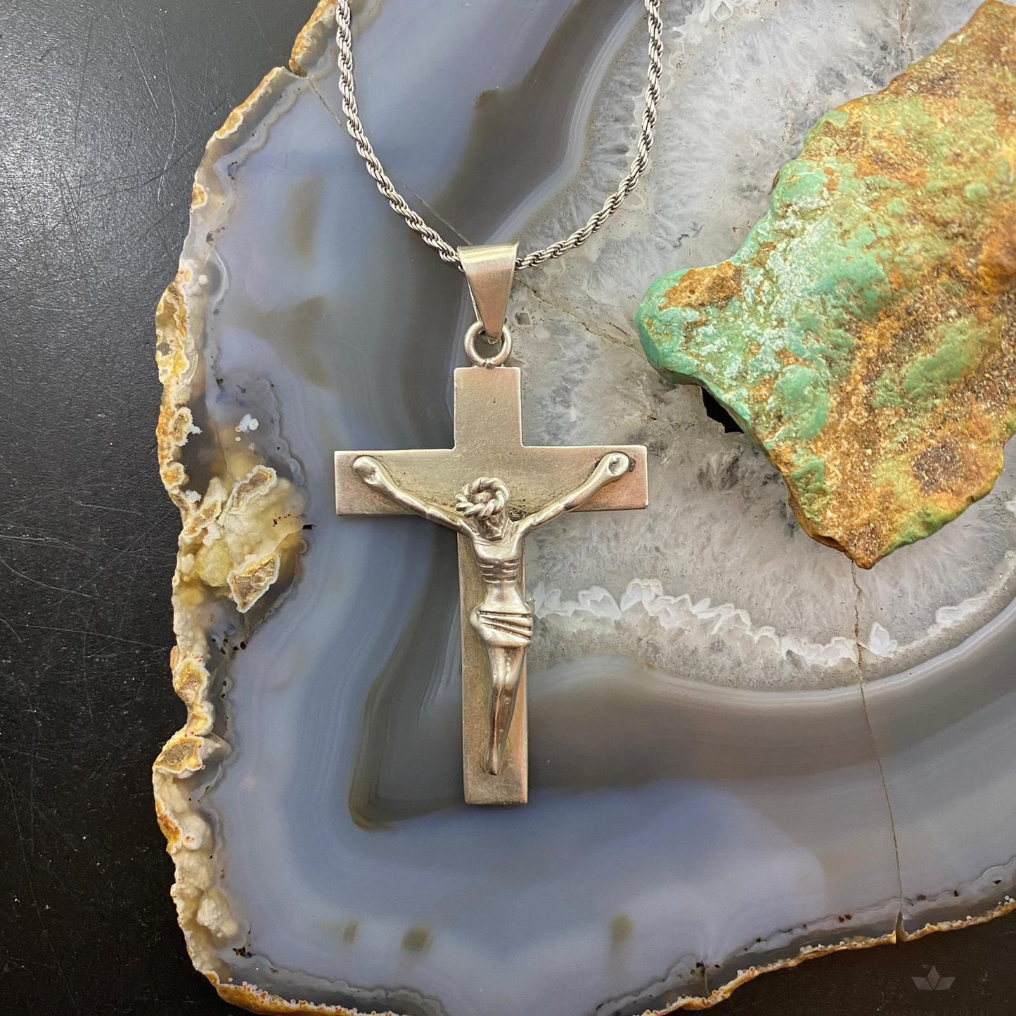 Vintage Sterling Silver Crucifix Pendant with Sterling Rope Necklace 20"