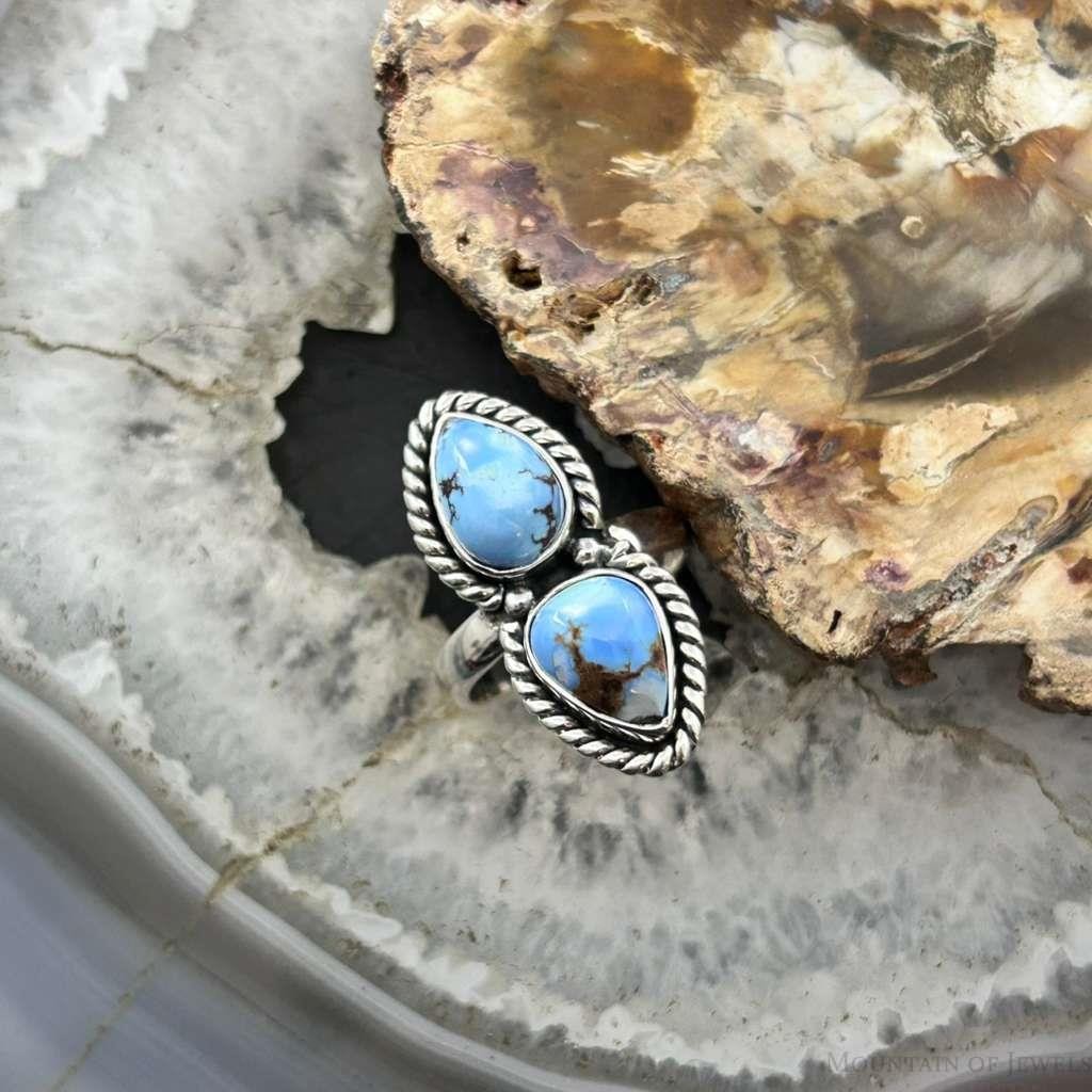 Sterling Silver Southwestern Style Teardrop Double Golden Hill Turquoise Ring Size 8 For Women
