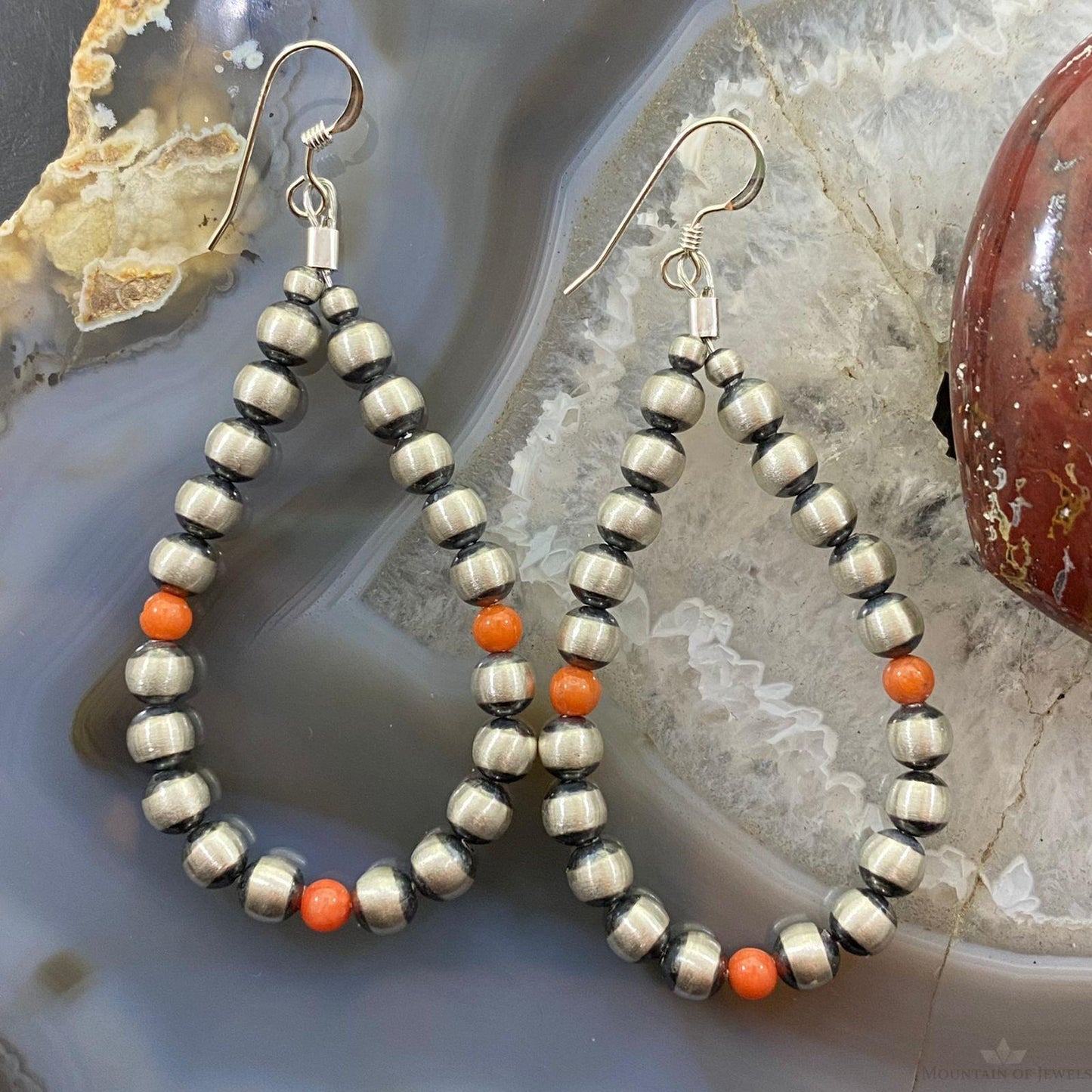Navajo Pearl Beads and Spiny Oyster 5mm Sterling Silver Hoop Dangle Earrings