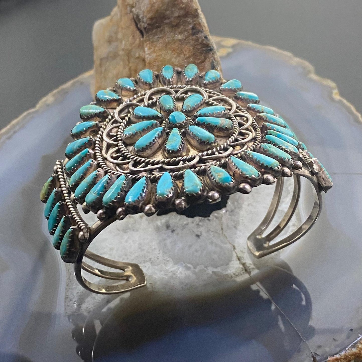 Vintage Native American Sterling Silver Cluster Turquoise Bracelet For Women