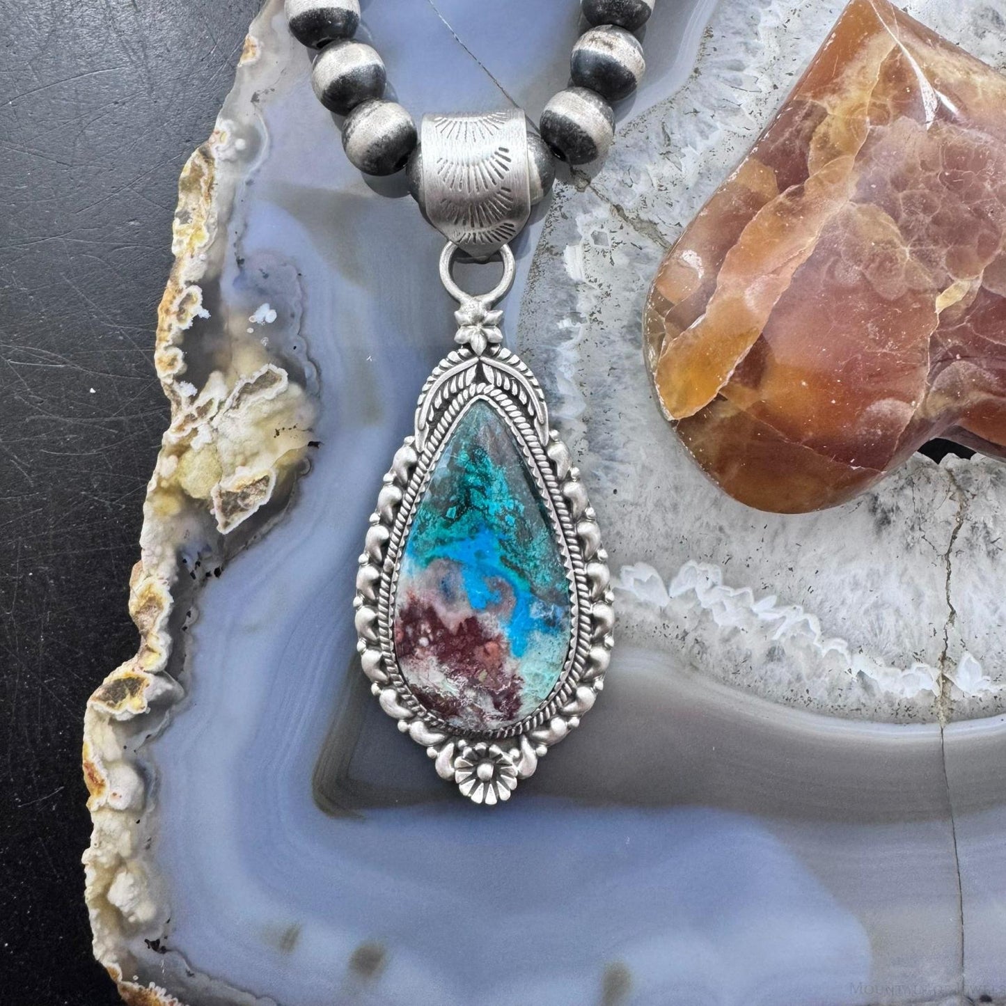 Sterling Silver Southwestern Style Elongated Teardrop Shattuckite Pendant For Women