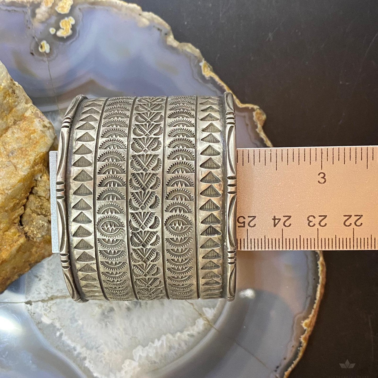 Signed Willie Native American Sterling Wide Stamped Bracelet For Women #3