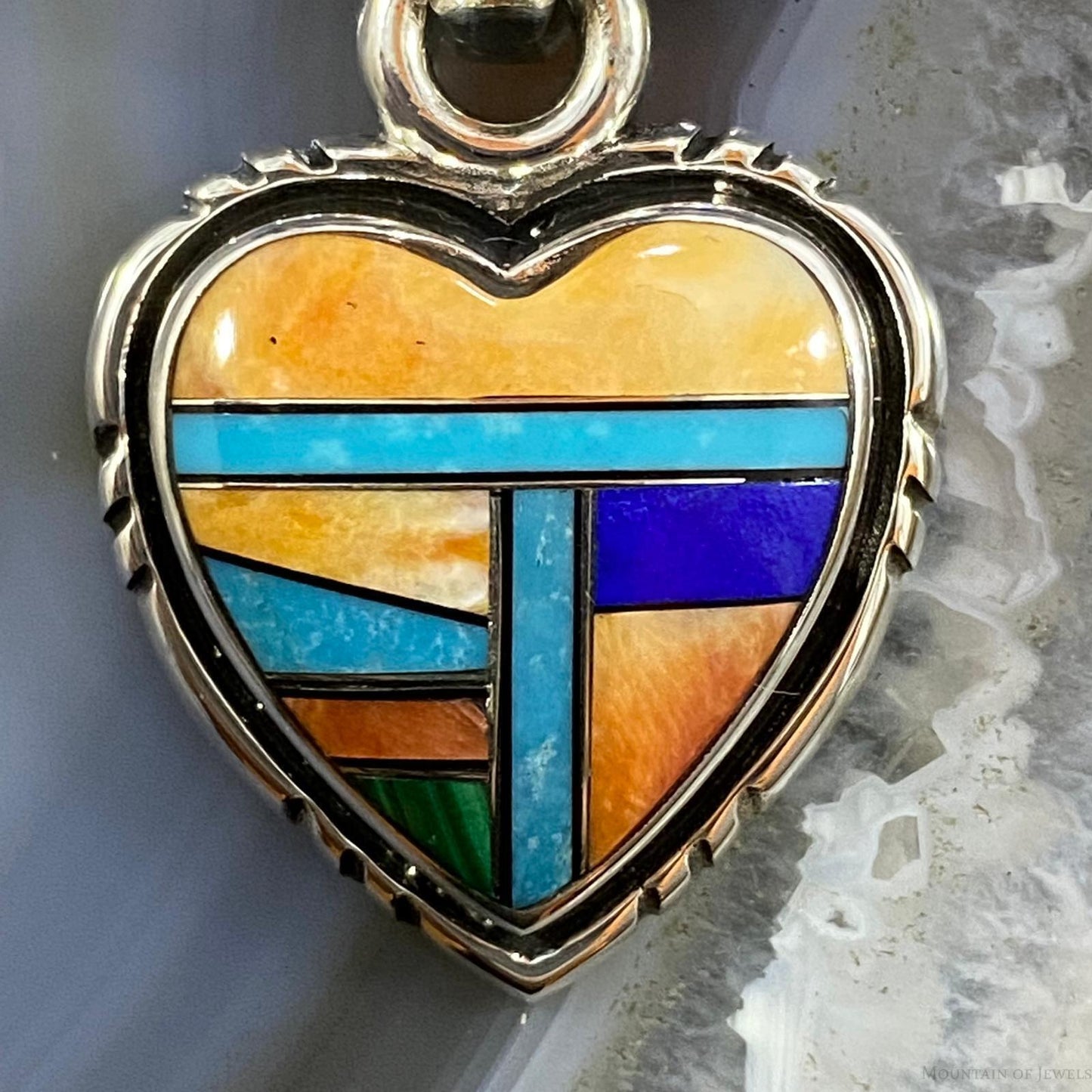Native American Sterling Silver Heart Shape Multi Stone Inlay Pendant For Women
