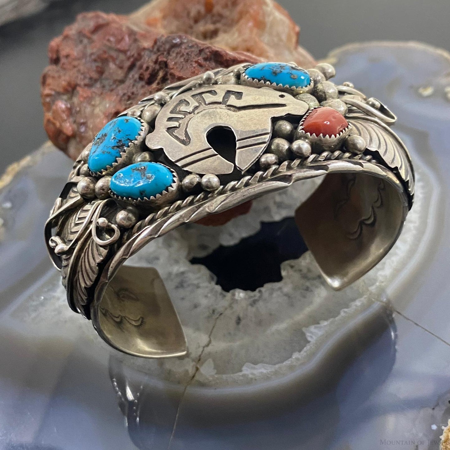 Native American Sterling Silver Turquoise & Coral Leaf Decorated Bracelet For Men