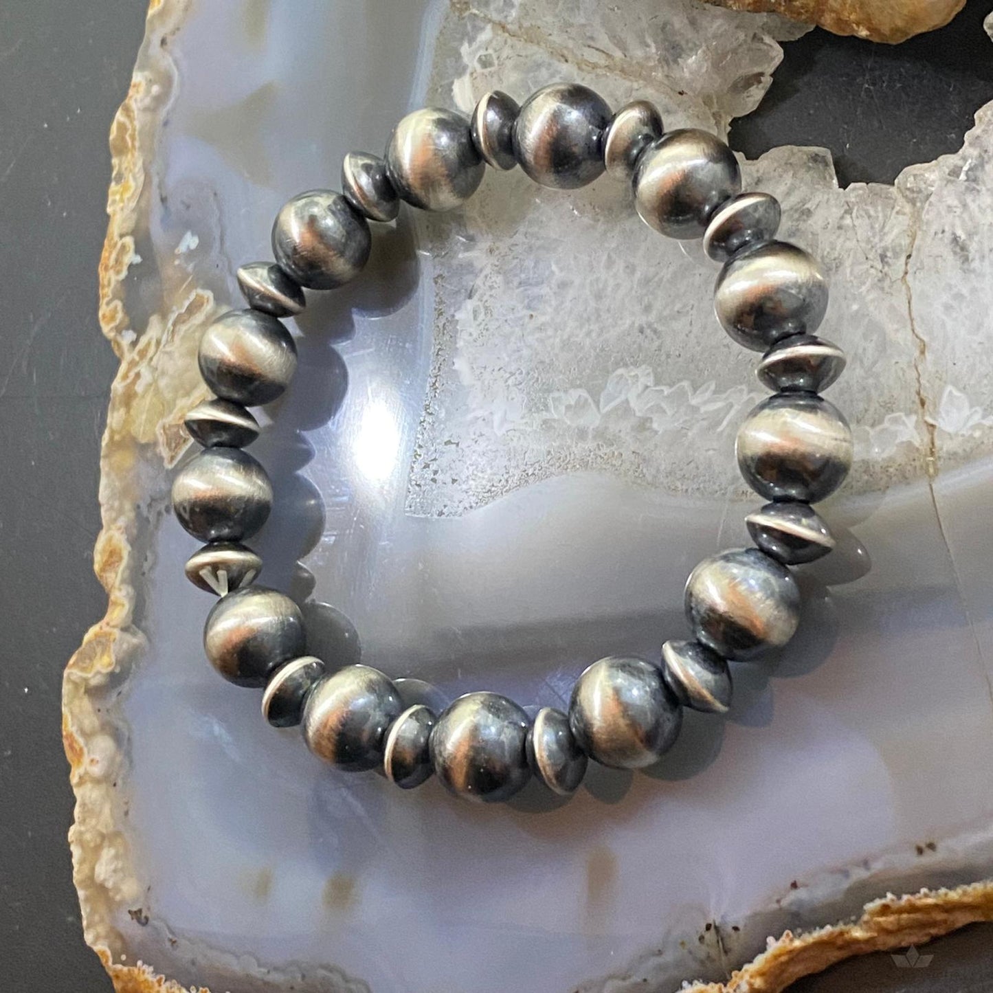 Navajo Pearl Beads and Saucers Alternate Beads Sterling 6"-7" Stretch Bangle