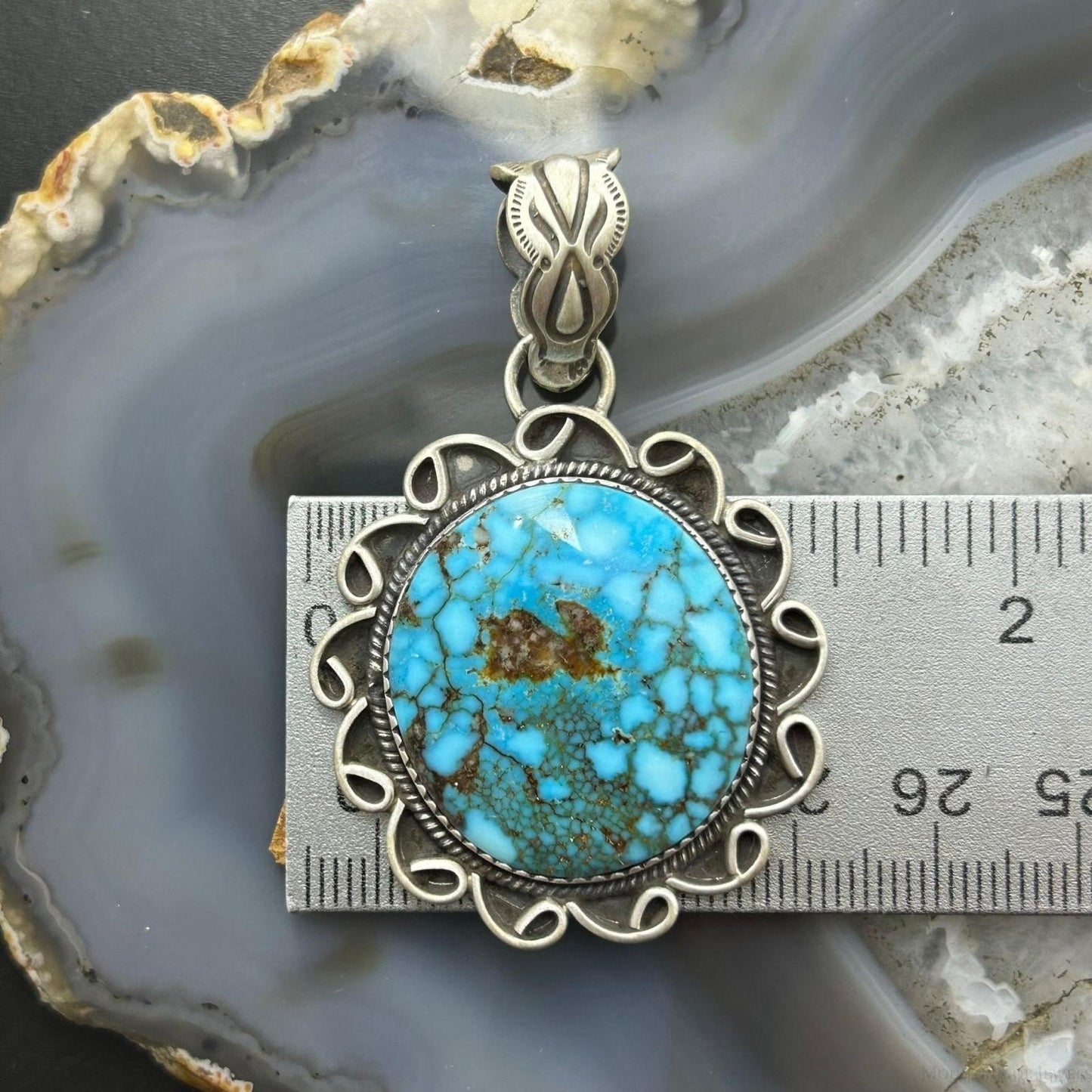 Sterling Silver Southwestern Style Round High Grade Kingman Turquoise Pendant For Women