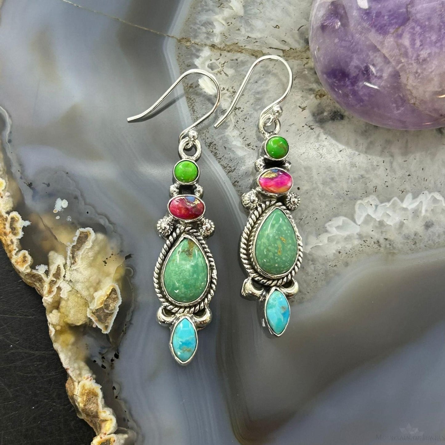 Sterling Silver Southwestern Style Multistone Dangle Earrings For Women #10