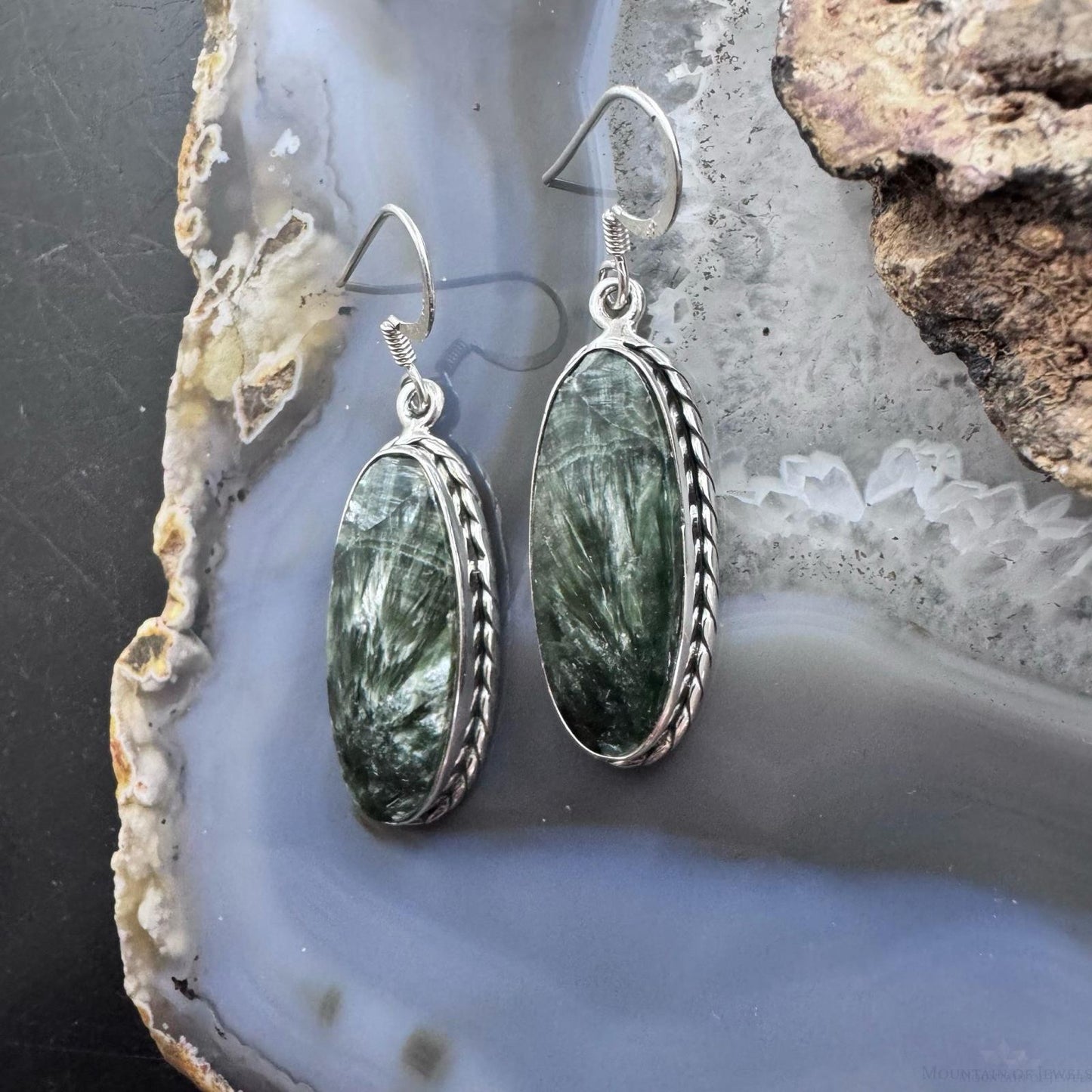 Sterling Silver Southwestern Style Elongated Oval Serpentine Dangle Earrings For Women