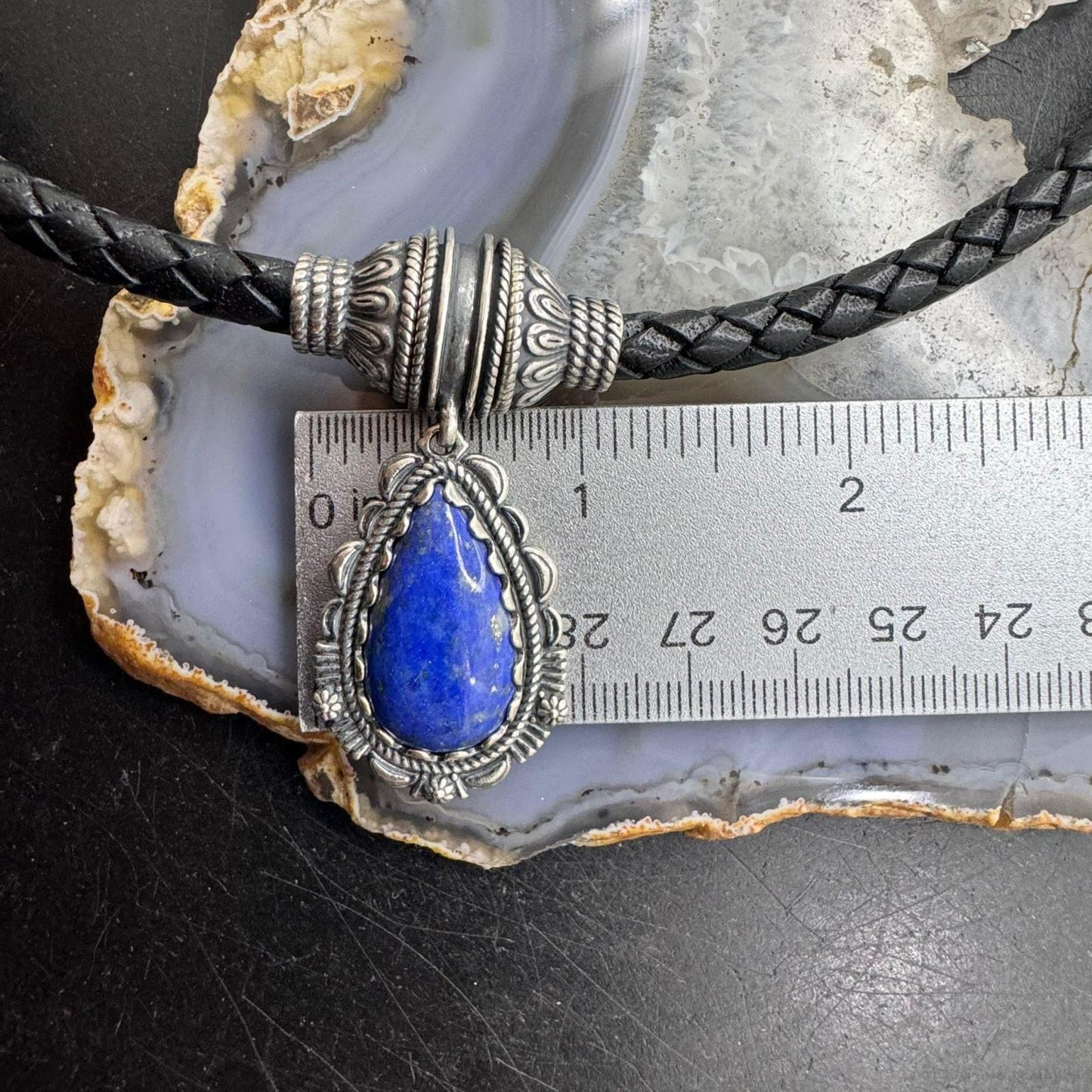 Carolyn Pollack Black Braided Leather Necklace with Teardrop Denim Lapis Pendant