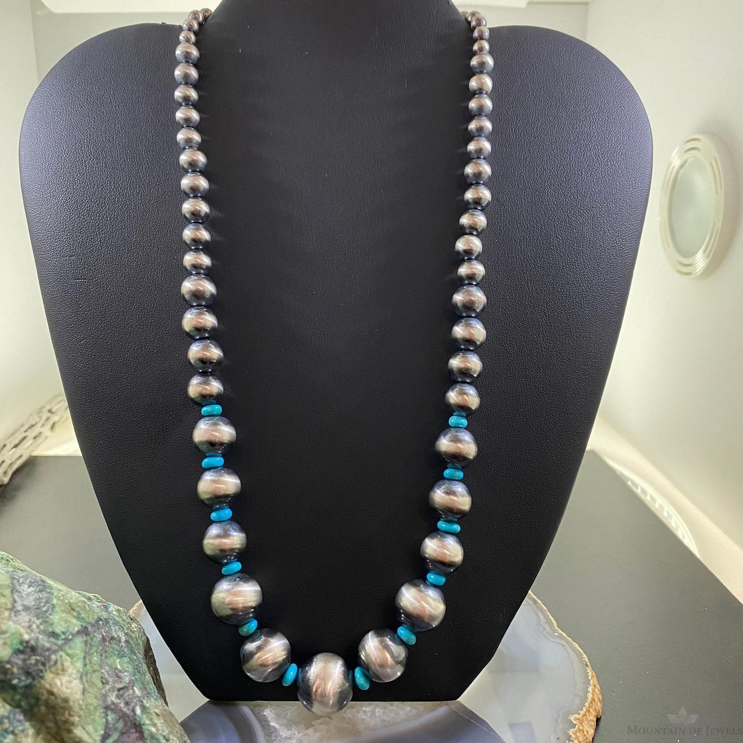 Navajo Pearl Beads Graduated 4-16mm w/Turquoise Disk Beads Sterling 18" Necklace
