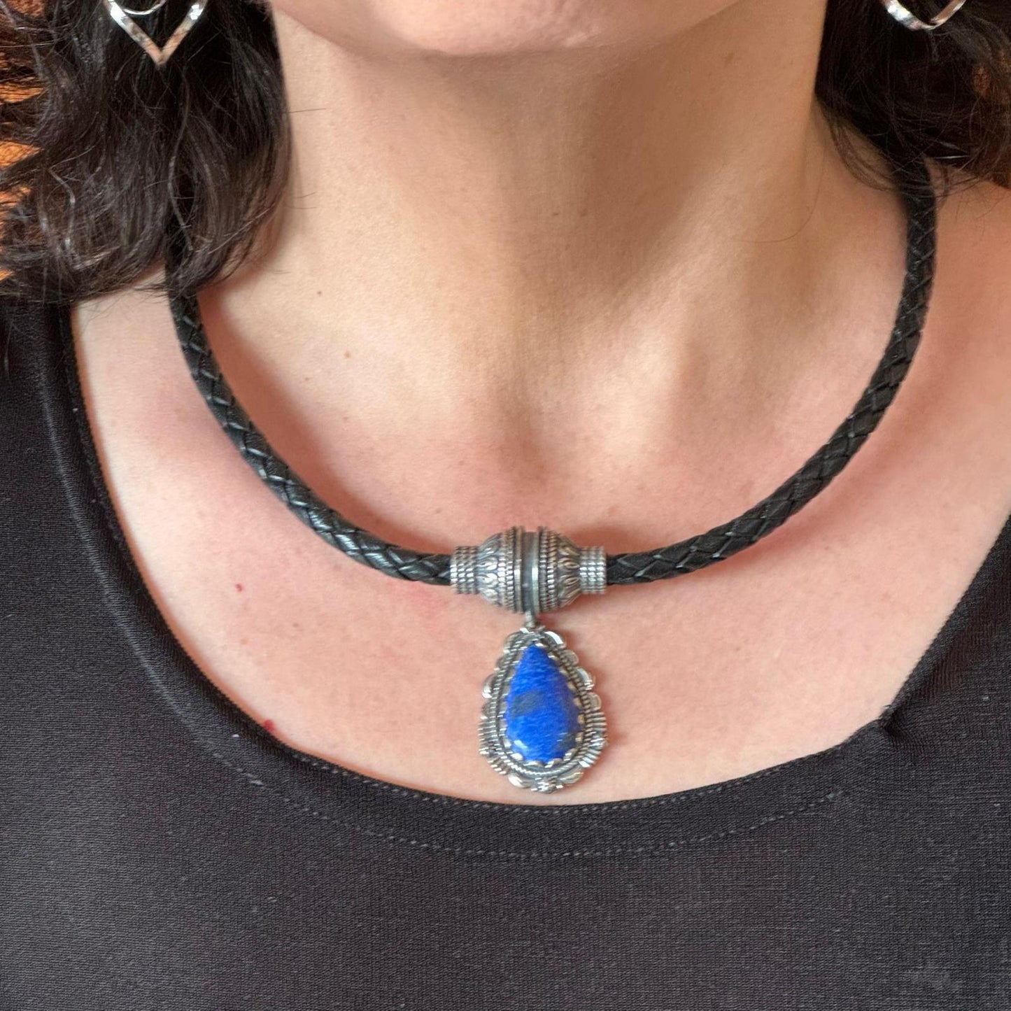 Carolyn Pollack Black Braided Leather Necklace with Teardrop Denim Lapis Pendant