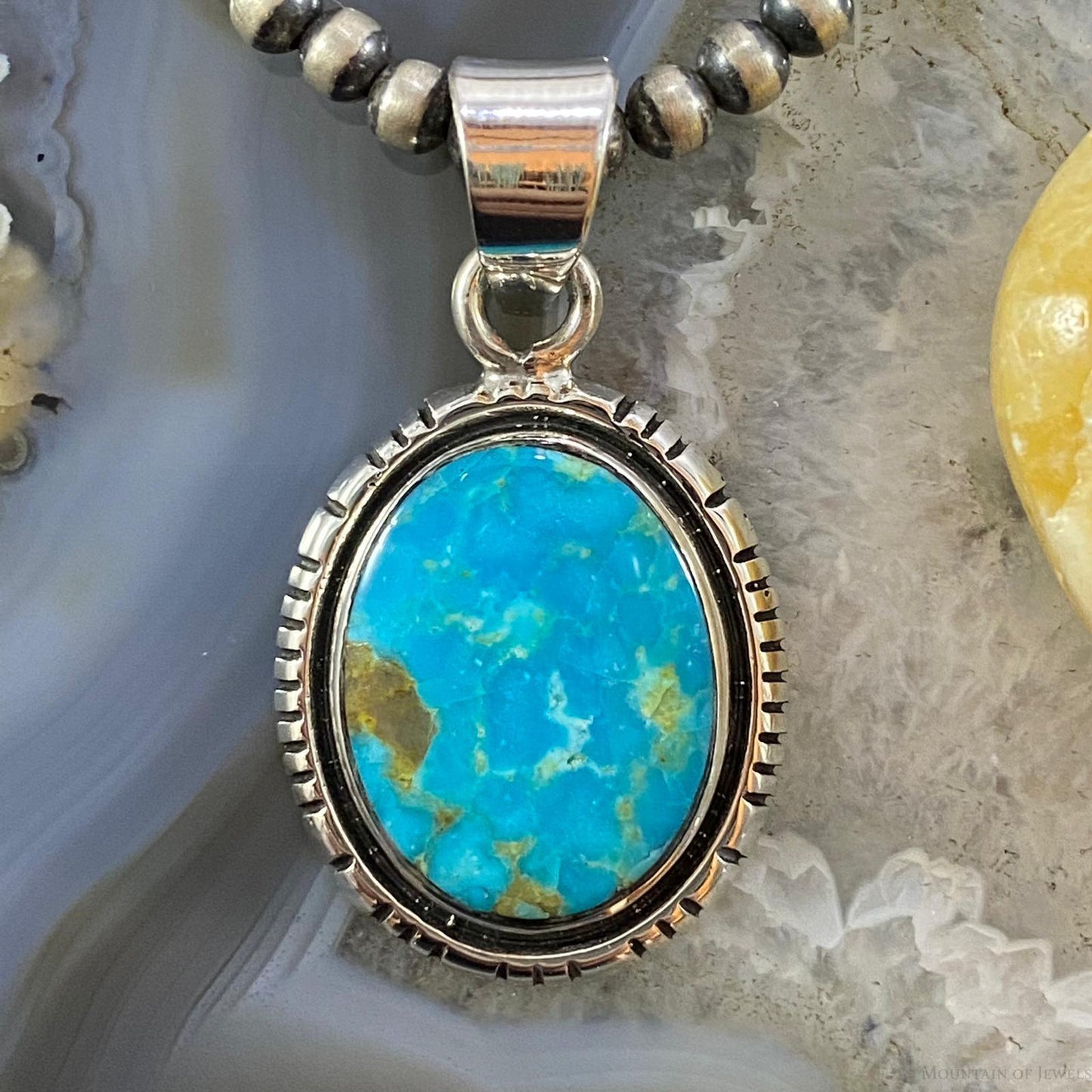 Native American Sterling Silver Blue Ridge Turquoise Oval Pendant For Women