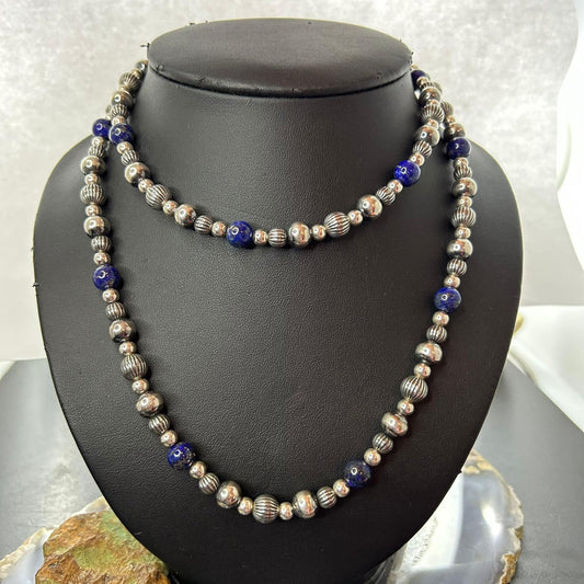 Carolyn Pollack Sterling Silver Decorated 4mm-8mm with Lapis Beads Necklace For Women