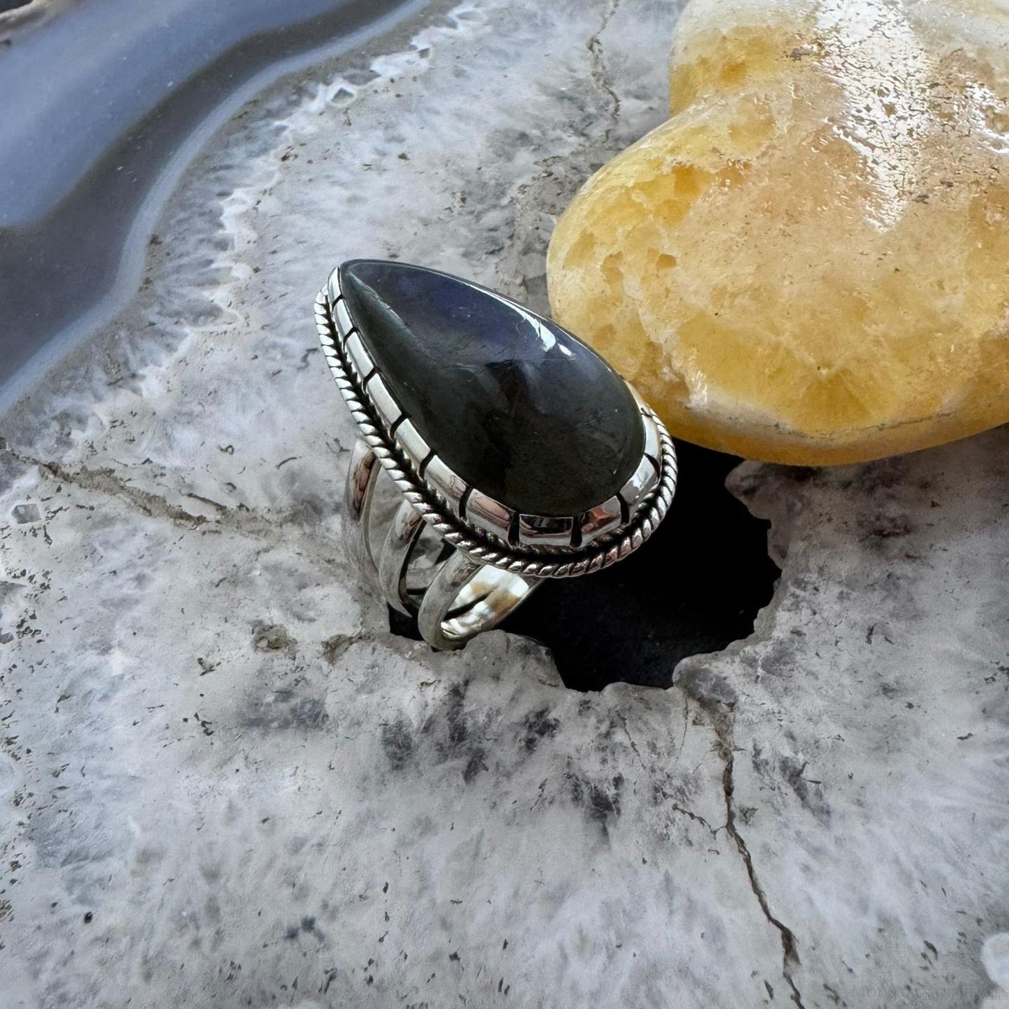 Sterling Silver Southwestern Style Teardrop Labradorite Ring Size 7 For Women