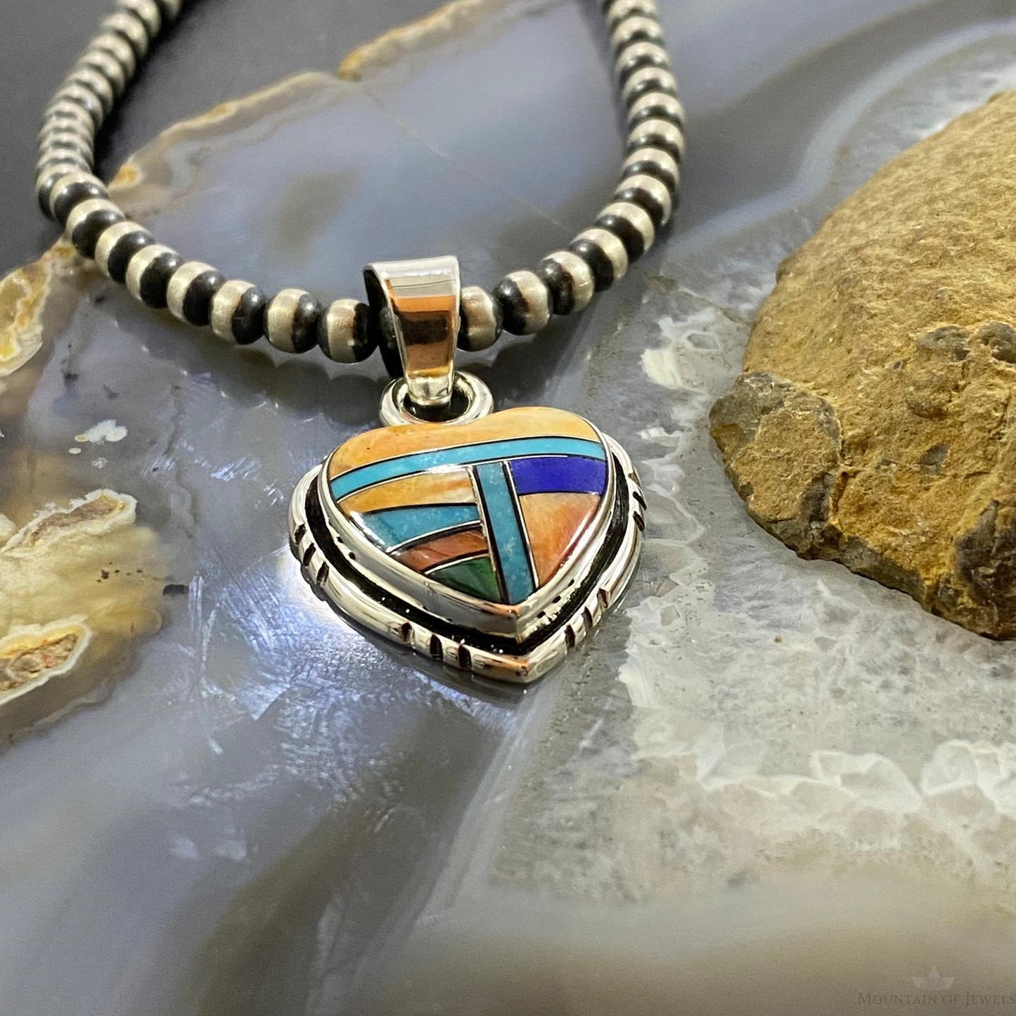 Native American Sterling Silver Heart Shape Multi Stone Inlay Pendant For Women