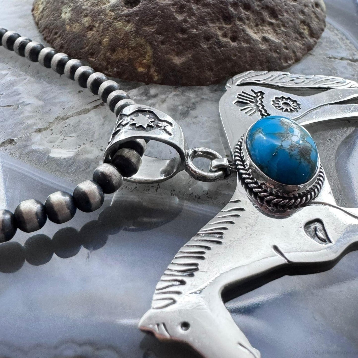 Sterling Silver Turquoise Stamped Indigenous Symbols Horse Unisex Pendant