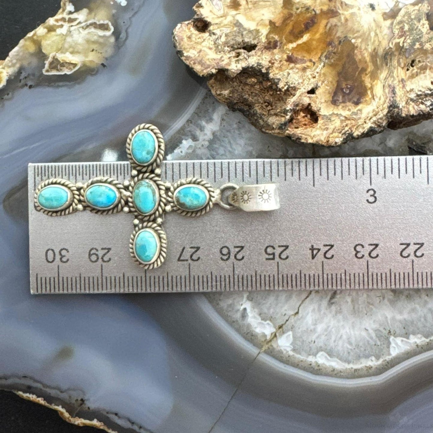 Sterling Silver Southwestern Style 6 Oval Turquoise Decorated Unisex Cross Pendant