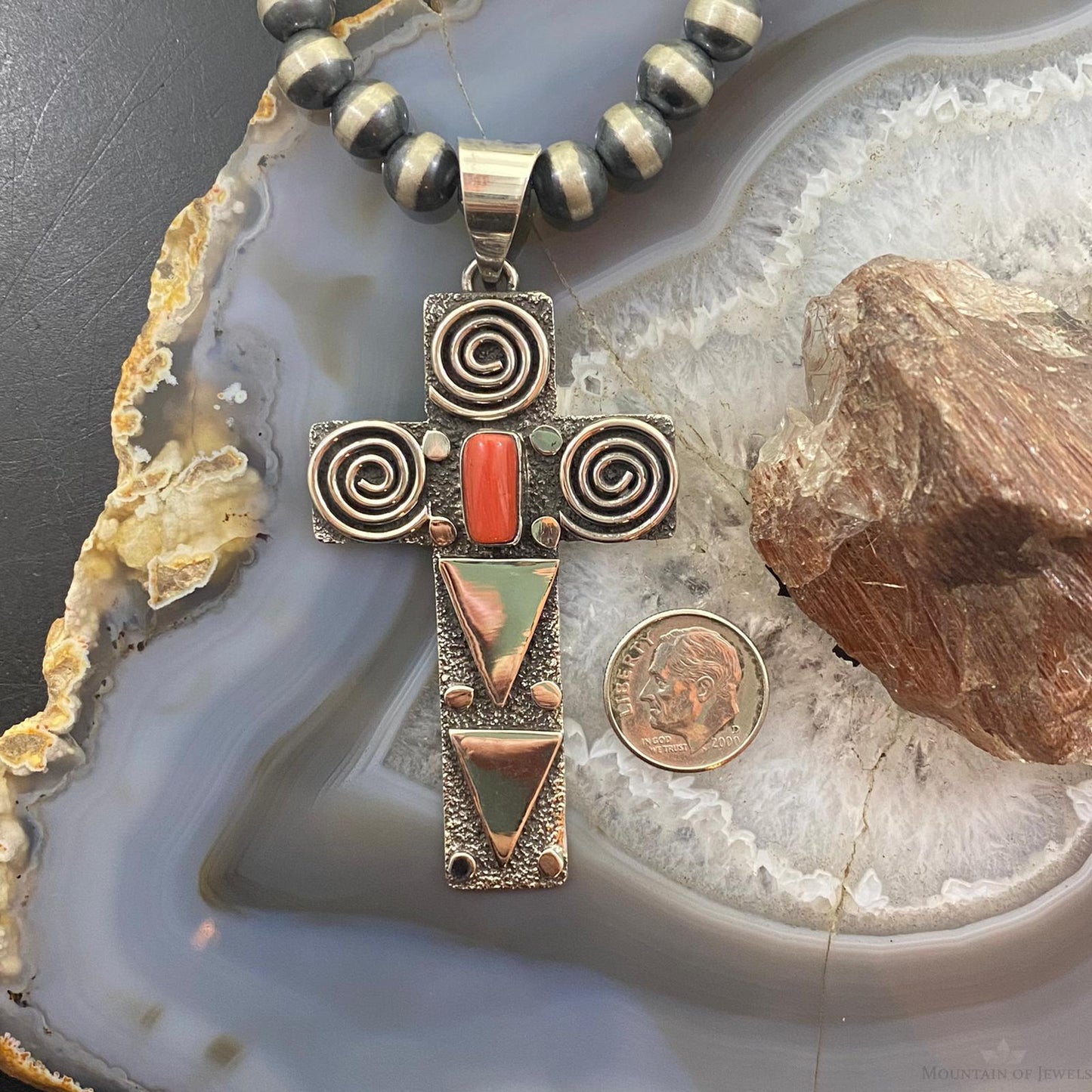 Alex Sanchez Native American Sterling Coral Petroglyph Cross Uni Pendant #4