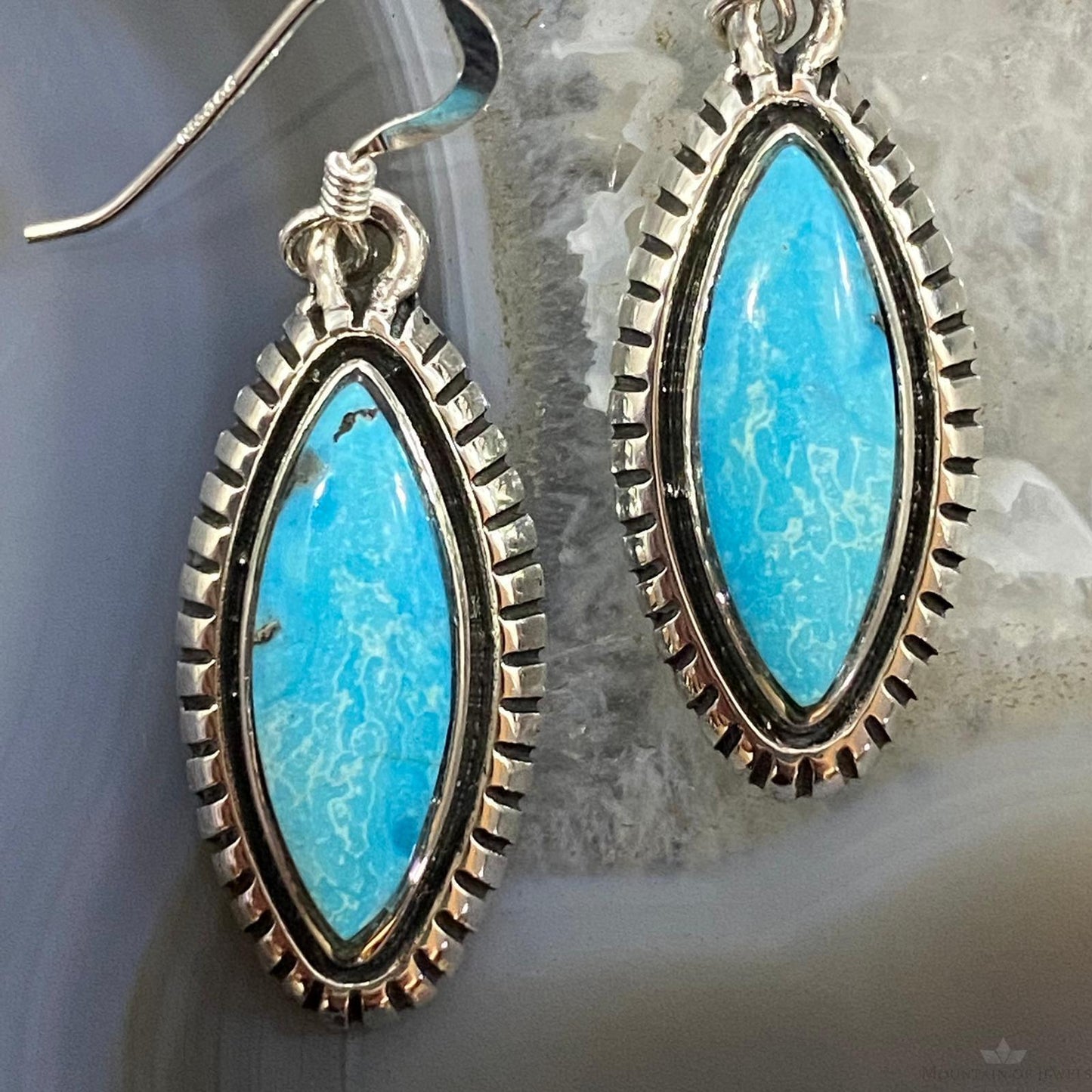 Native American Sterling Silver Marquise Blue Ridge Turquoise Dangle Earrings For Women #2