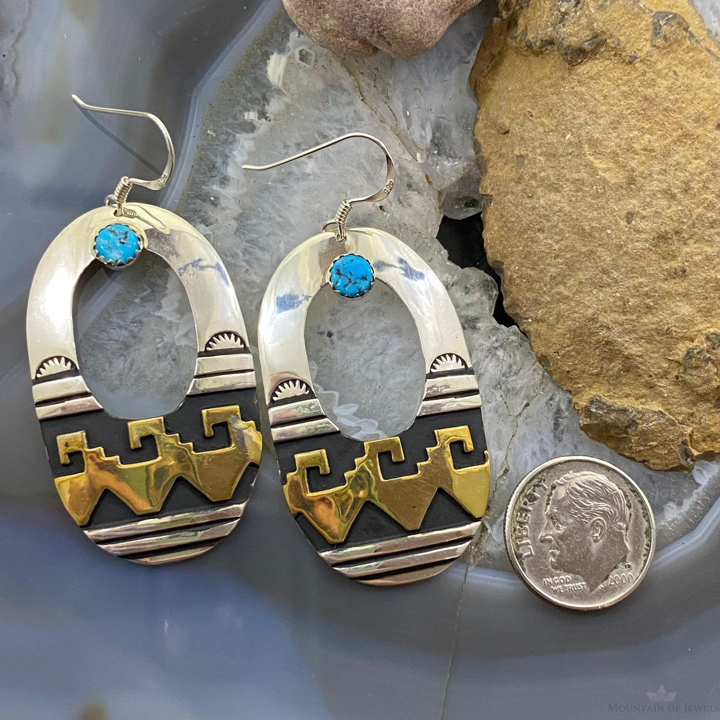 Rosita Singer Sterling Silver & GF w/Turquoise Overlay Oval Dangle Earrings
