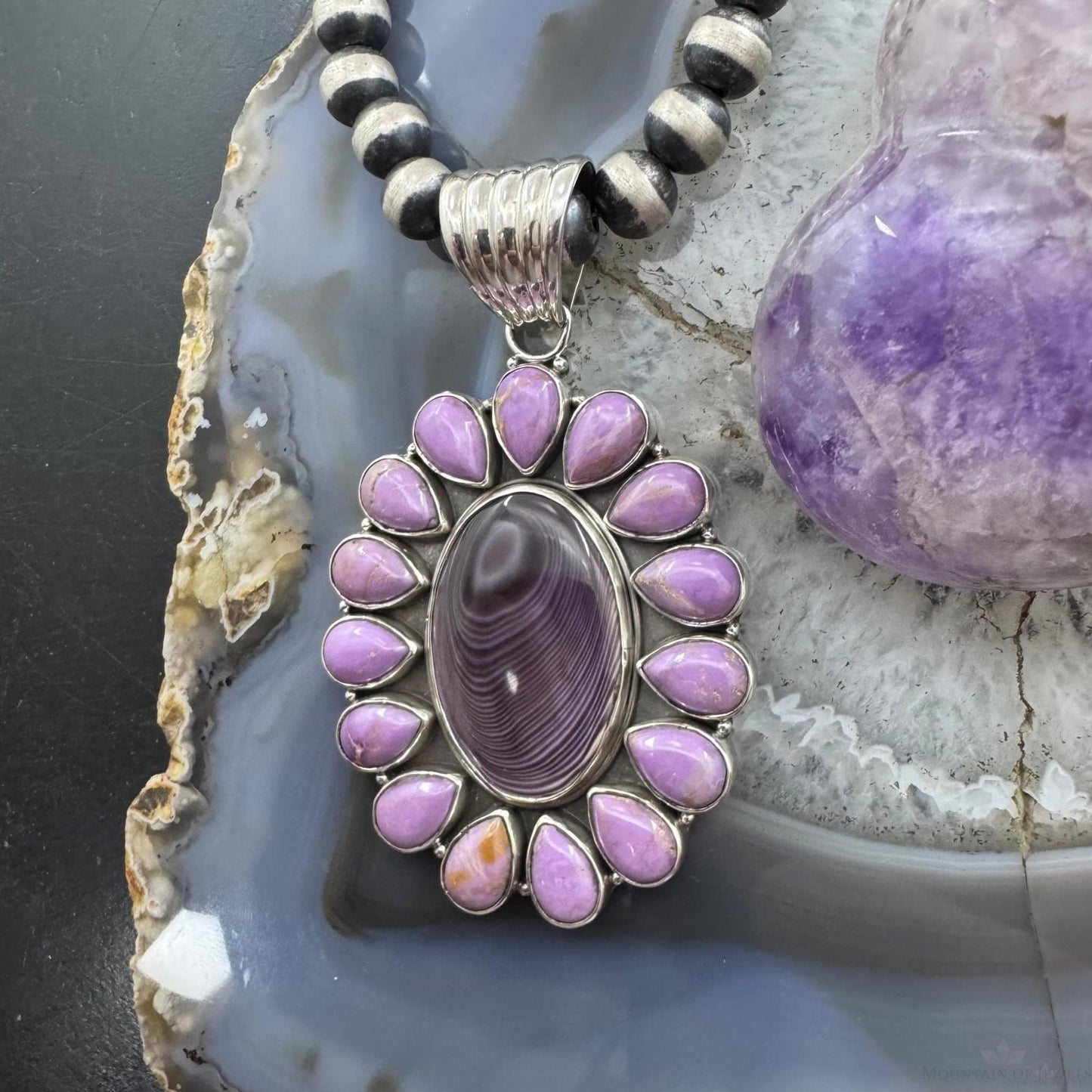 Native American Sterling Silver Wampum & Phosphosiderite Cluster Pendant For Women