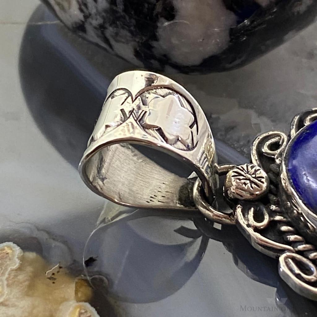Gilbert Nez Navajo Sterling Silver Oval Decorated Lapis Pendant For Women