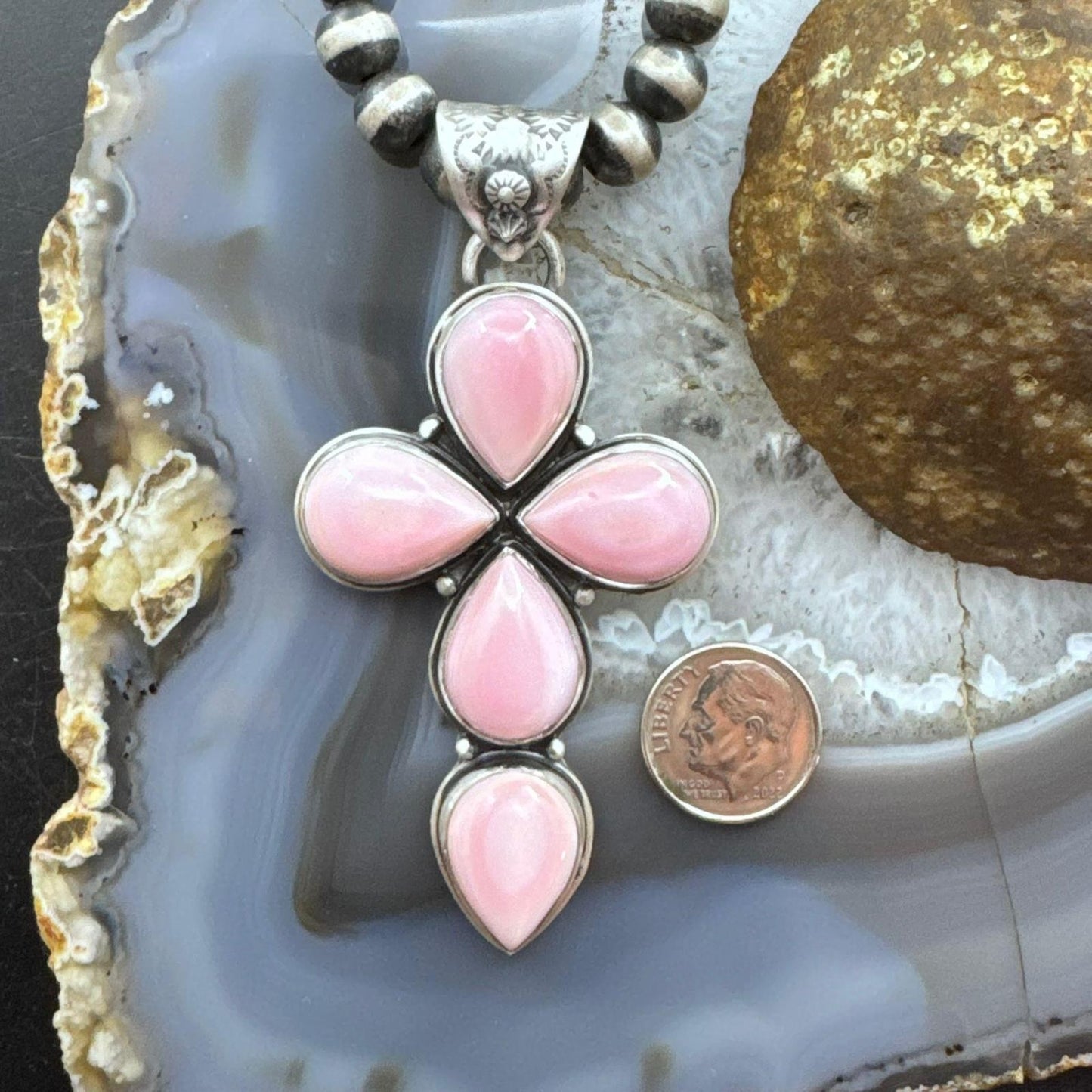 Native American Sterling Silver Teardrop Pink Conch Cross Pendant For Women