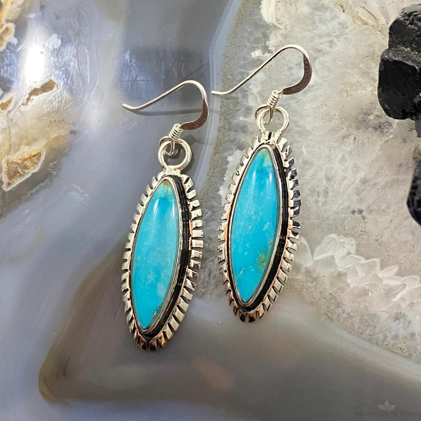 Native American Sterling Silver Marquise Blue Ridge Turquoise Dangle Earrings