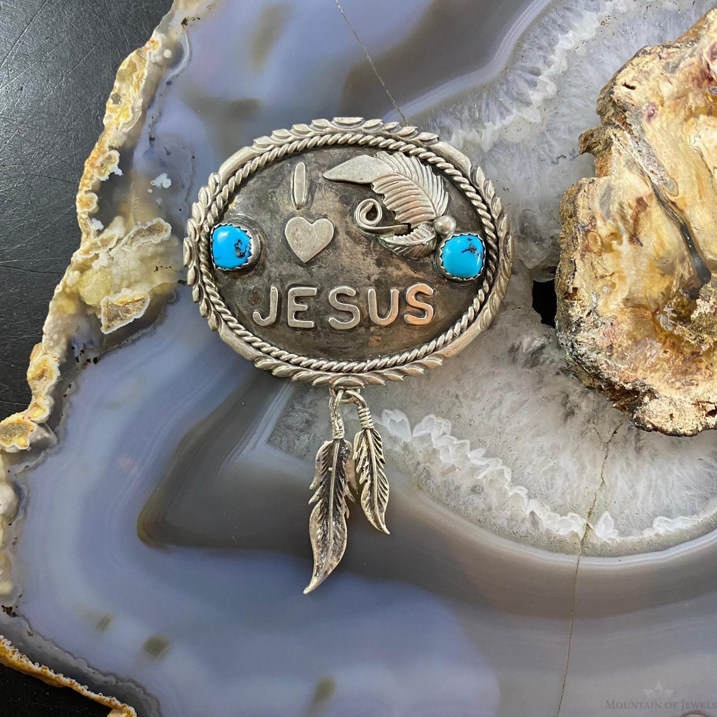 Vintage Signed Native American Sterling Silver Turquoise "I Love Jesus" Brooch