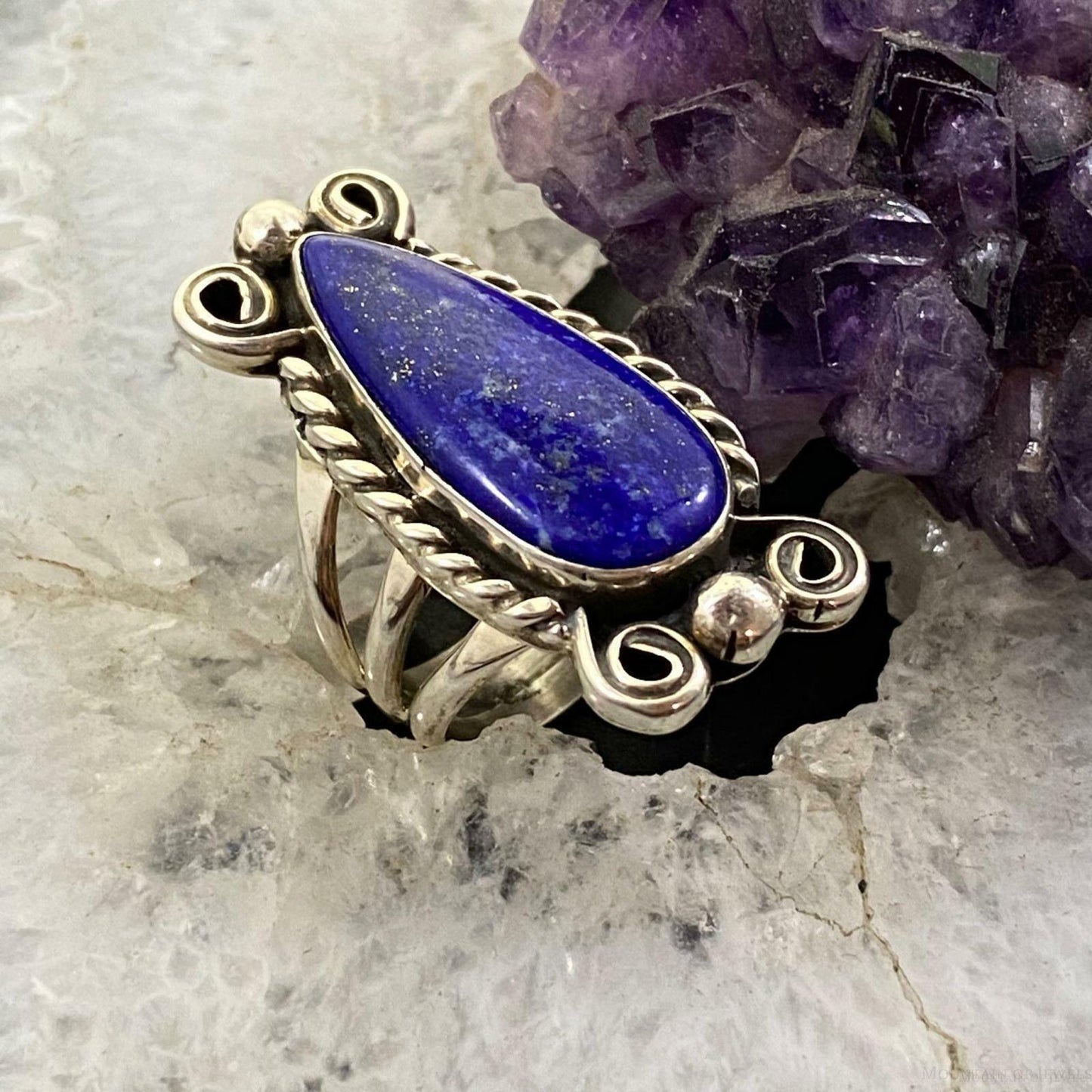 Native American Sterling Silver Lapis Decorated Teardrop Ring SZ 5.75 For Women