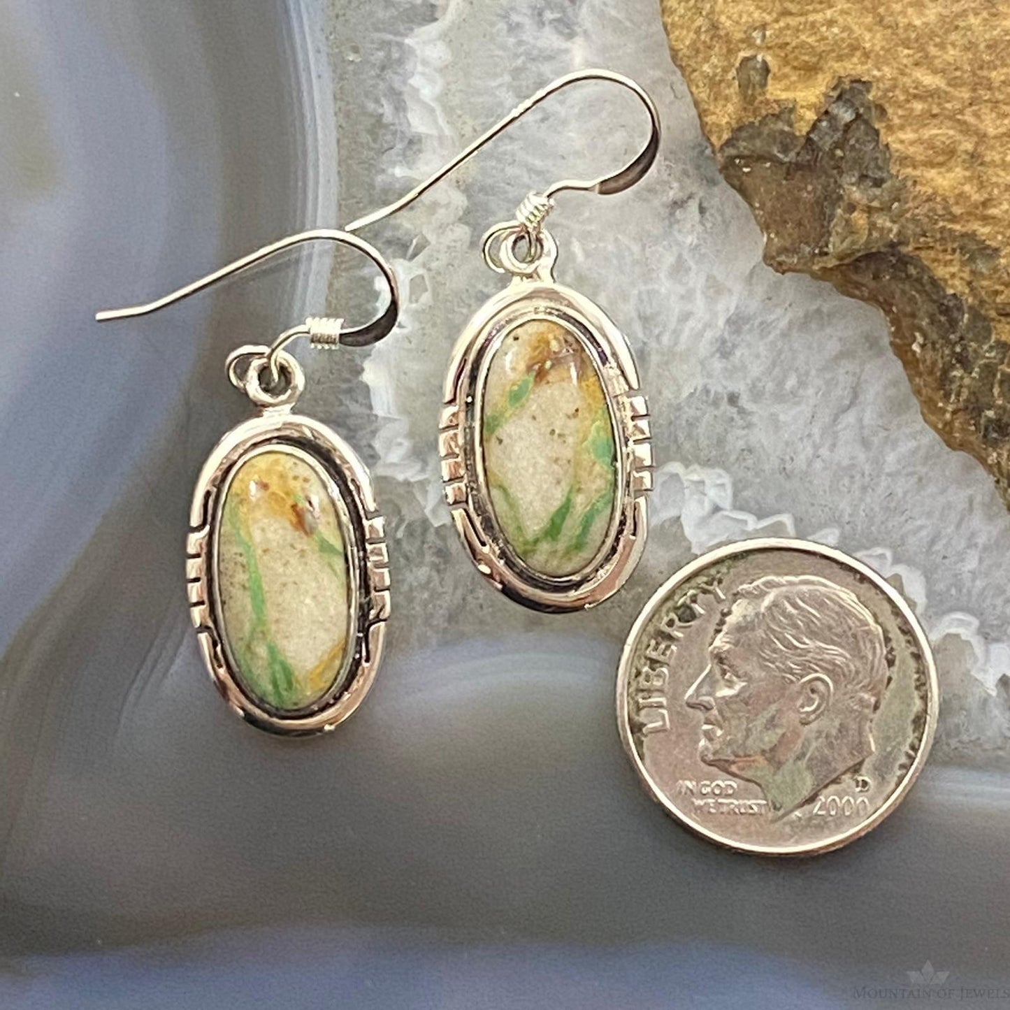 Native American Sterling Silver Oval Ribbon Boulder Turquoise Dangle Earrings
