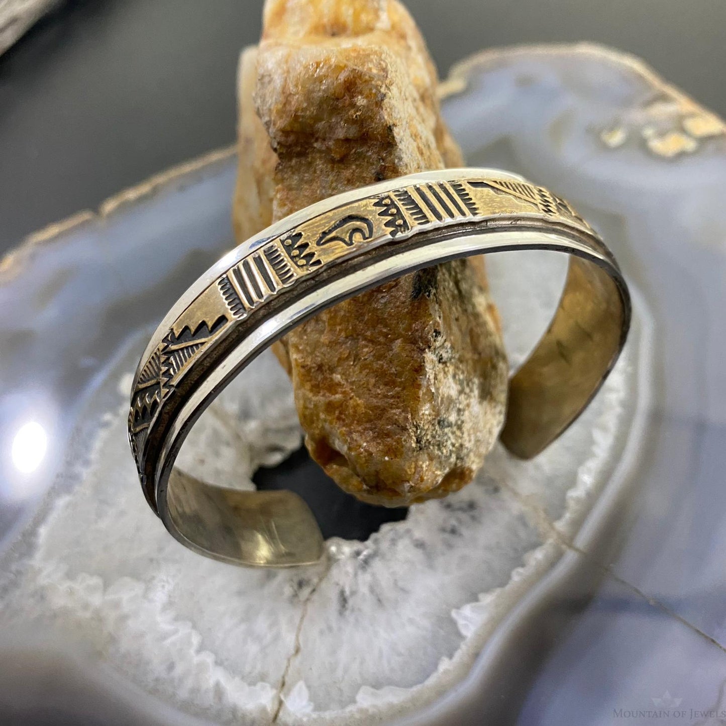 Vintage Native American Sterling Silver & GF Stamped Bear and SW Motif Bracelet