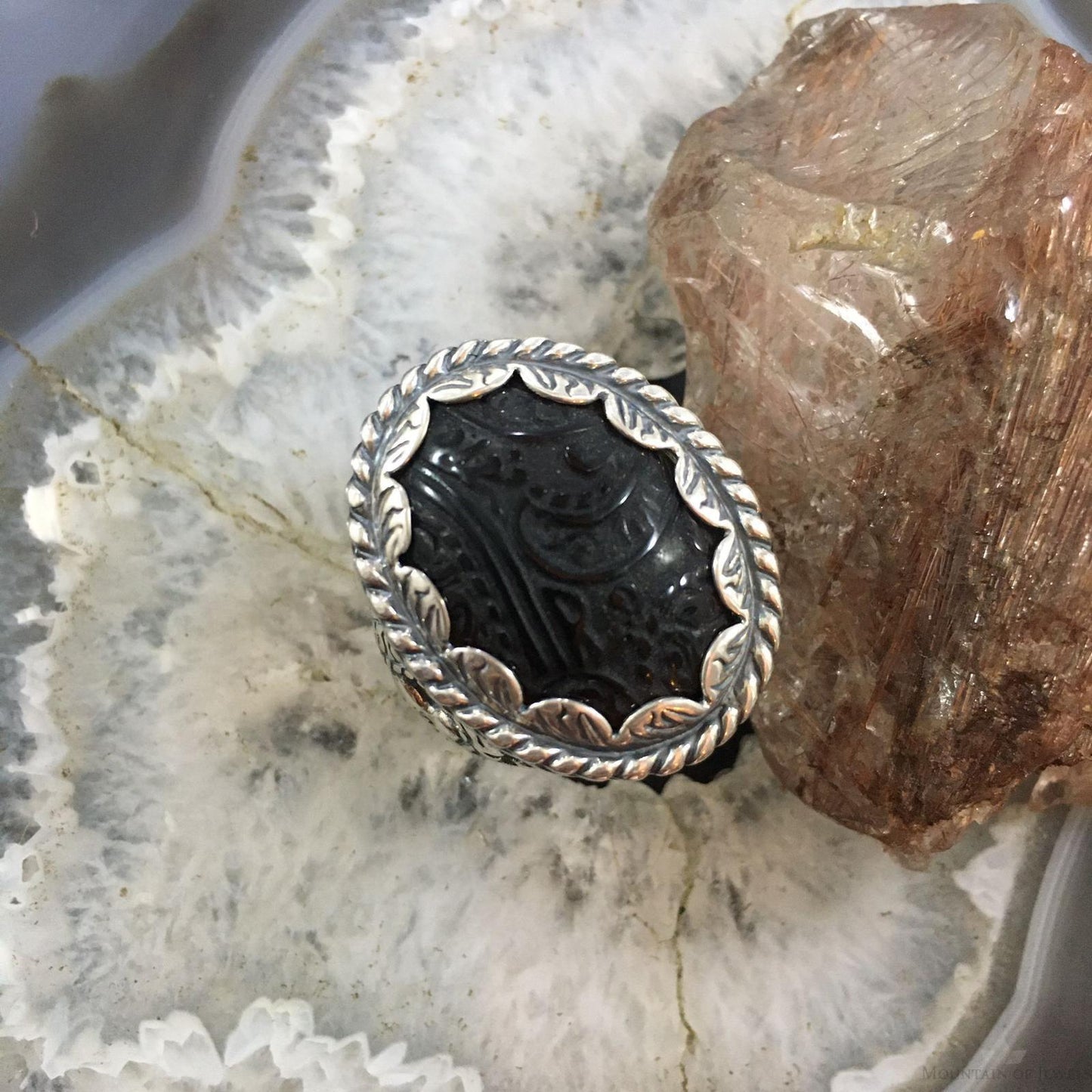 Carolyn Pollack Sterling Silver Oval Carved Black Onyx Decorated Unisex Ring
