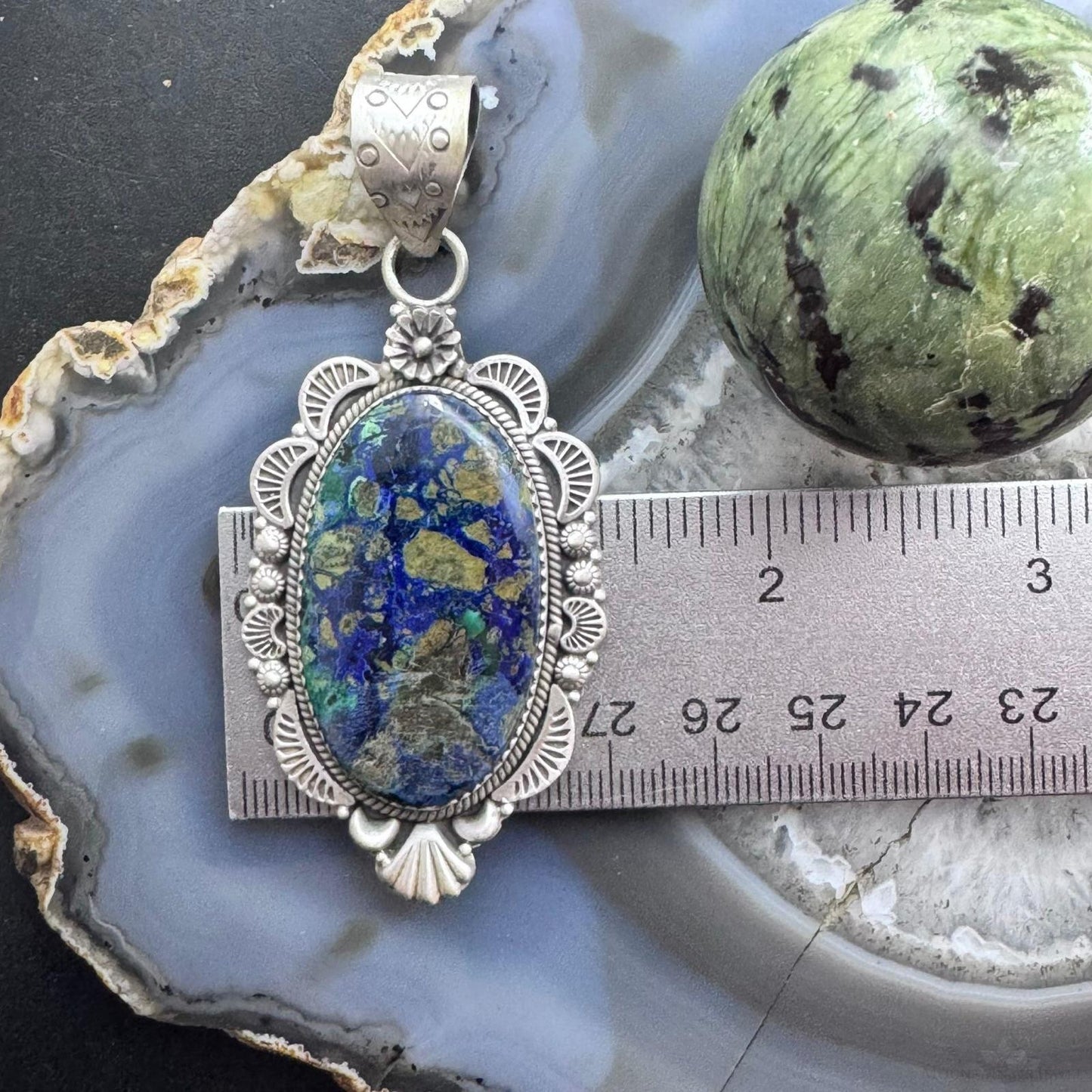 Sterling Silver Southwestern Style Elongated Oval Chrysocolla Decorated Pendant For Women