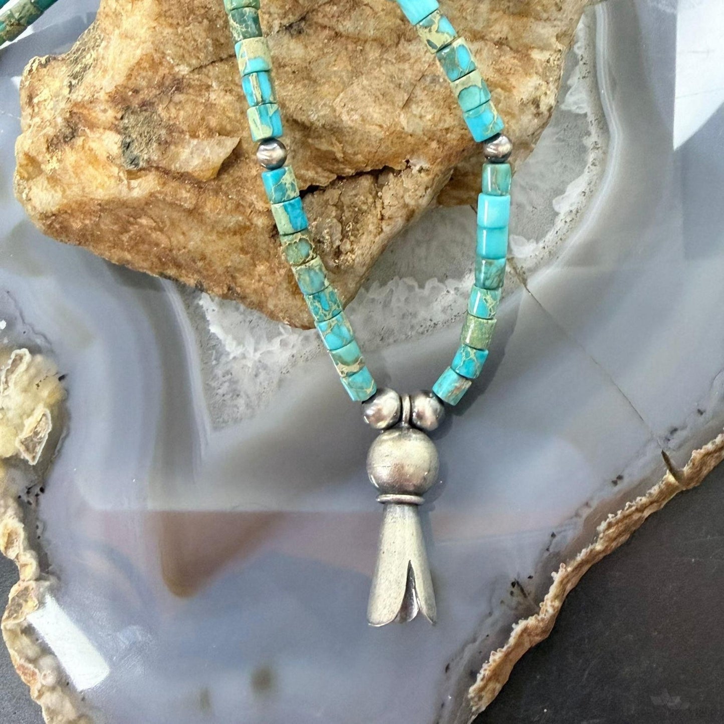 Sterling Silver Turquoise & Navajo Pearl Beads With Squash Blossom Necklace For Women