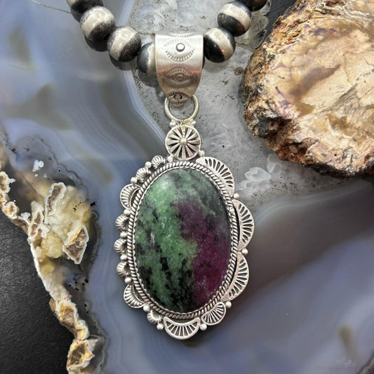 Sterling Silver Southwestern Style Oval Ruby Zoisite Decorated Pendant For Women