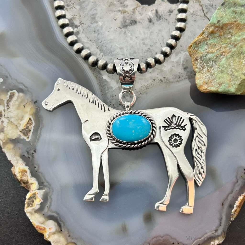 Sterling Silver Turquoise Stamped w/Indigenous Symbols Horse Unisex Pendant