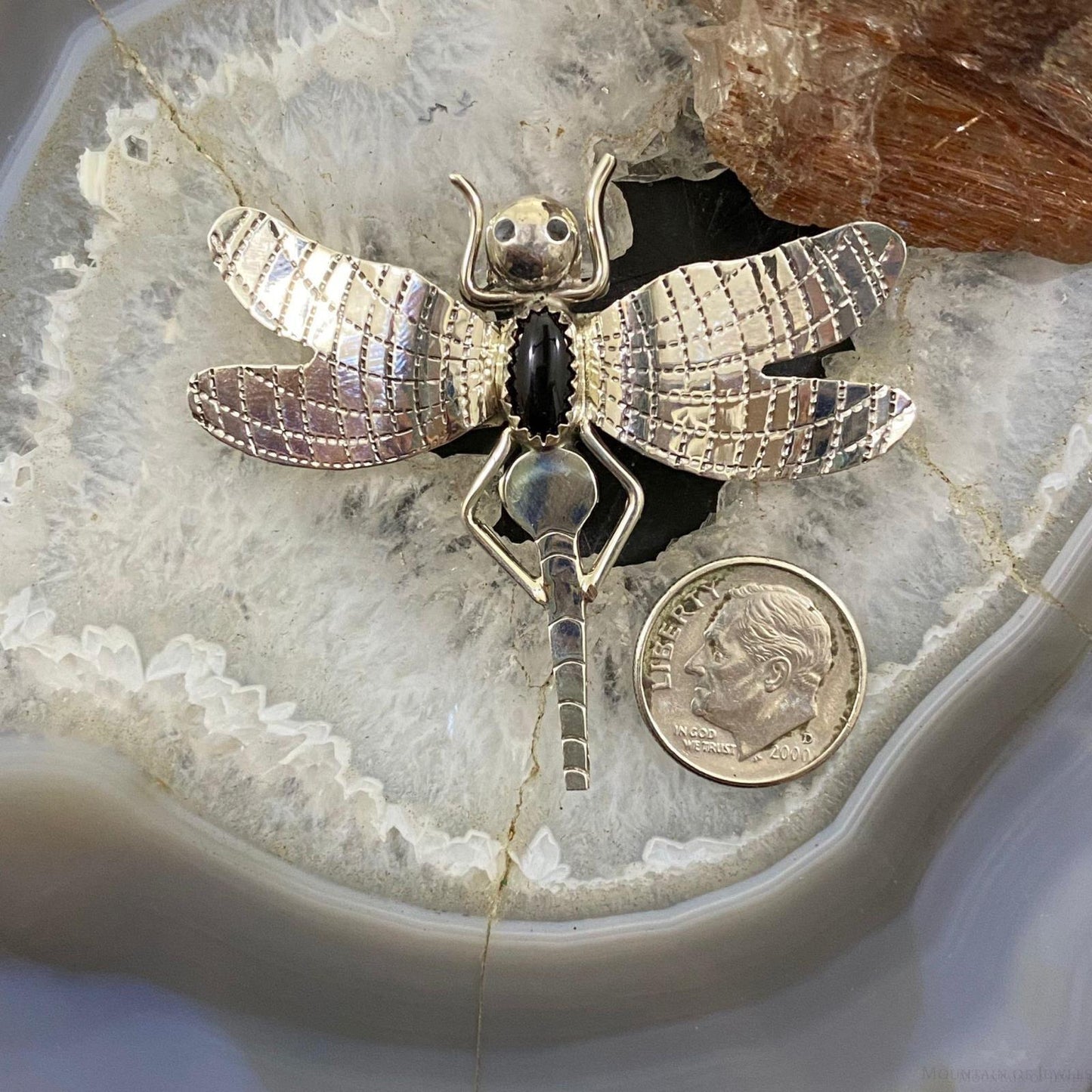 Native American Sterling Silver Oval Onyx Fly Unisex Brooch