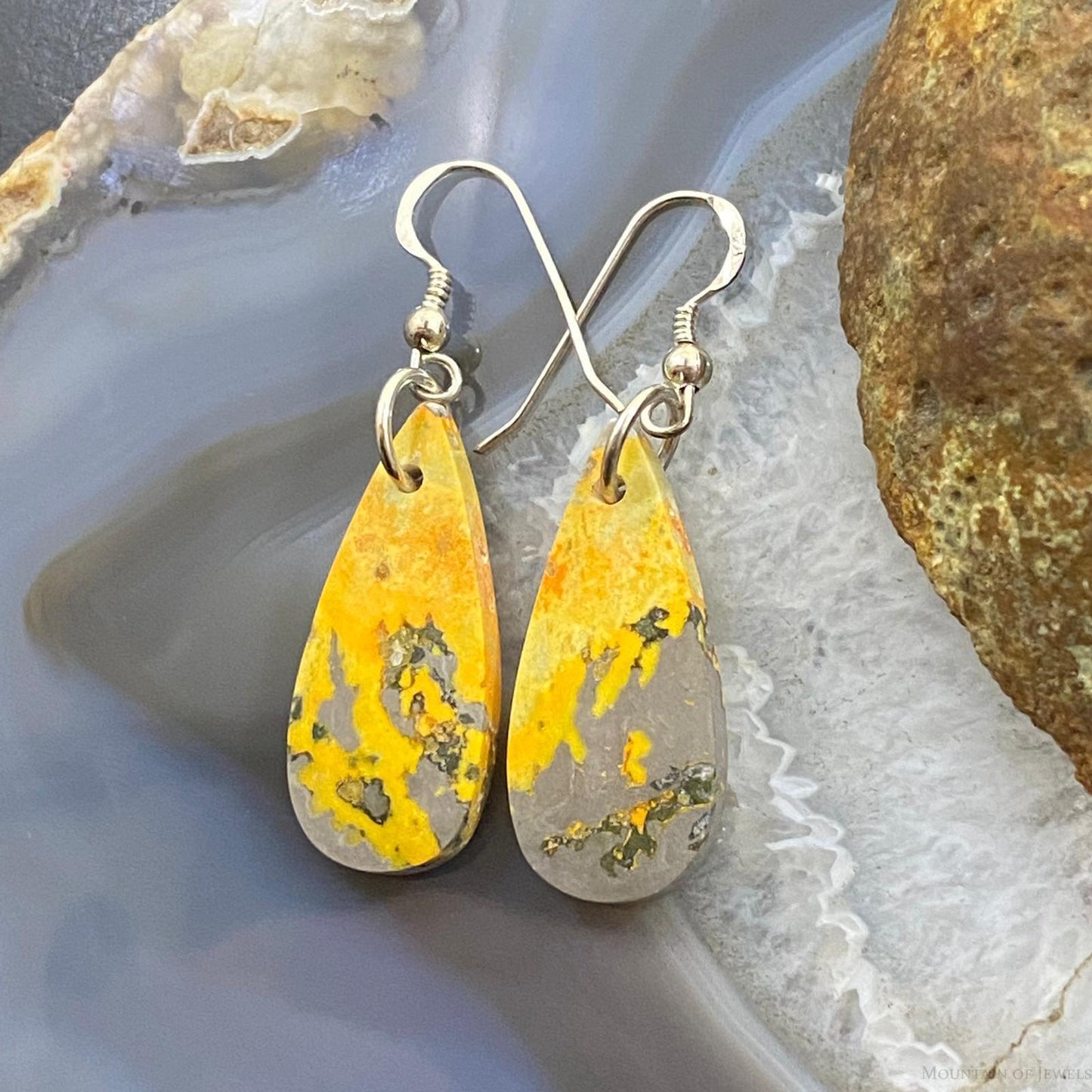 Sterling Silver Teardrop Bumblebee Jasper Slab Dangle Earrings For Women #032